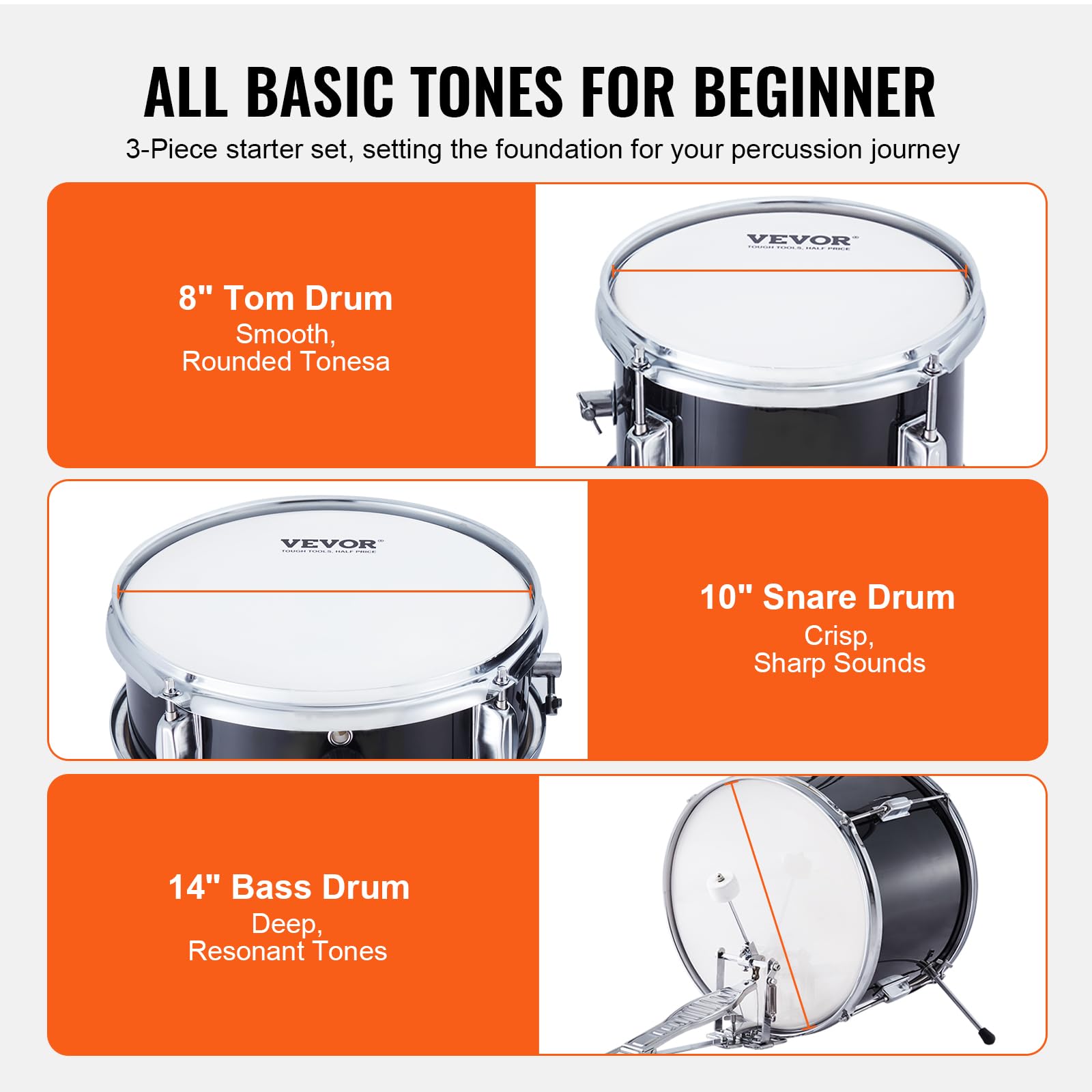VEVOR Kids Drum Set 3-Piece Junior Beginner Drum Kit with Adjustable Throne, Sticks, Cymbal & Pedal - 14 Inch Black Tom Snare Bass Starter Drum Set for Children | Perfect for Home Practice, Music Lessons & Birthday Gifts