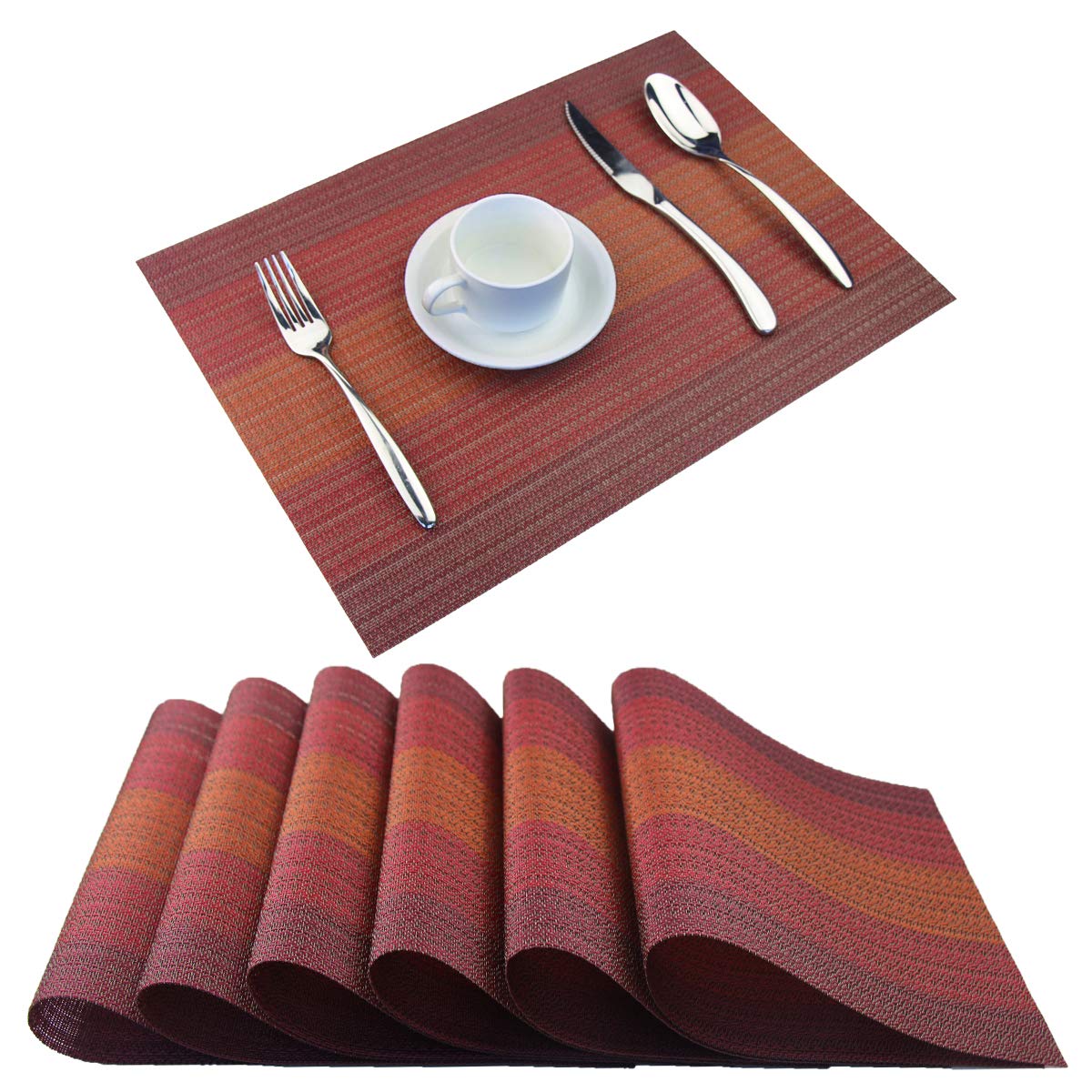 Non-Slip Panda Palm Plastic Placemats Set of 6 - Washable & Wipe Clean Dining Table Mats for Everyday Use, Parties & Outdoor Picnics (Red)