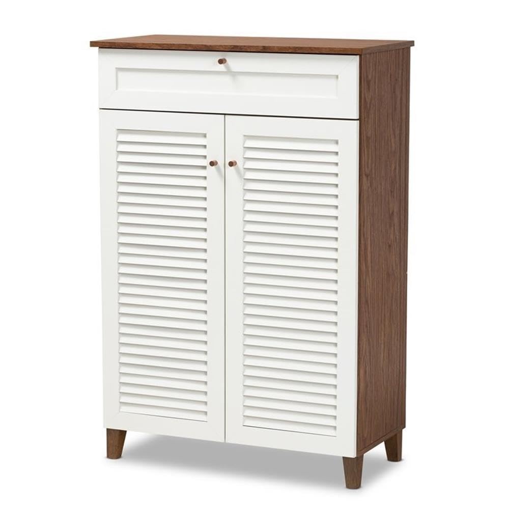 BOWERY HILL Modern 5-Shelf Shoe Storage Cabinet with Drawer - White & Walnut Wooden Shoe Organizer for Entryway, Closet, and Bedroom Organization