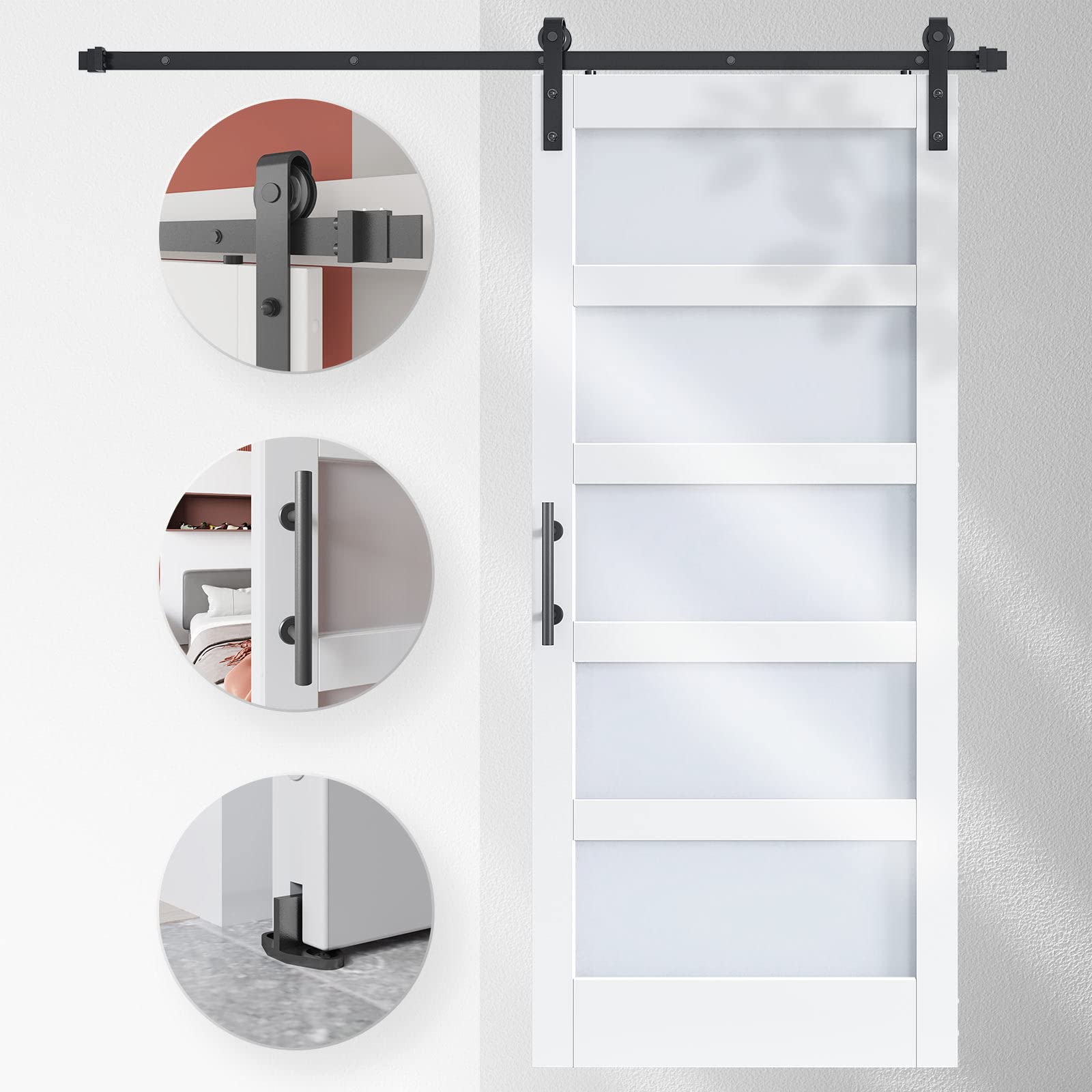 EaseLife 36x84 Inch White 5-Panel Glass Barn Door with Sliding Hardware Kit - Waterproof Scratch-Resistant PVC Coated Solid LVL Wood - Easy DIY Assembly for Bedroom, Closet, or Office Partition