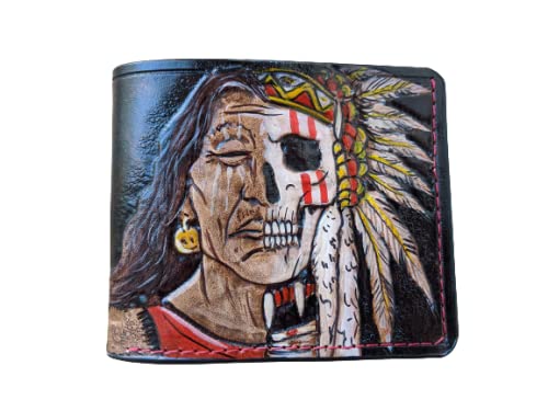 Authentic 3D Genuine Leather Bifold Wallet with Indian Chief Skull & Native American Apache Headdress Design - Handmade Carved Patriotic Men's Wallet for Everyday Use & Gift Giving