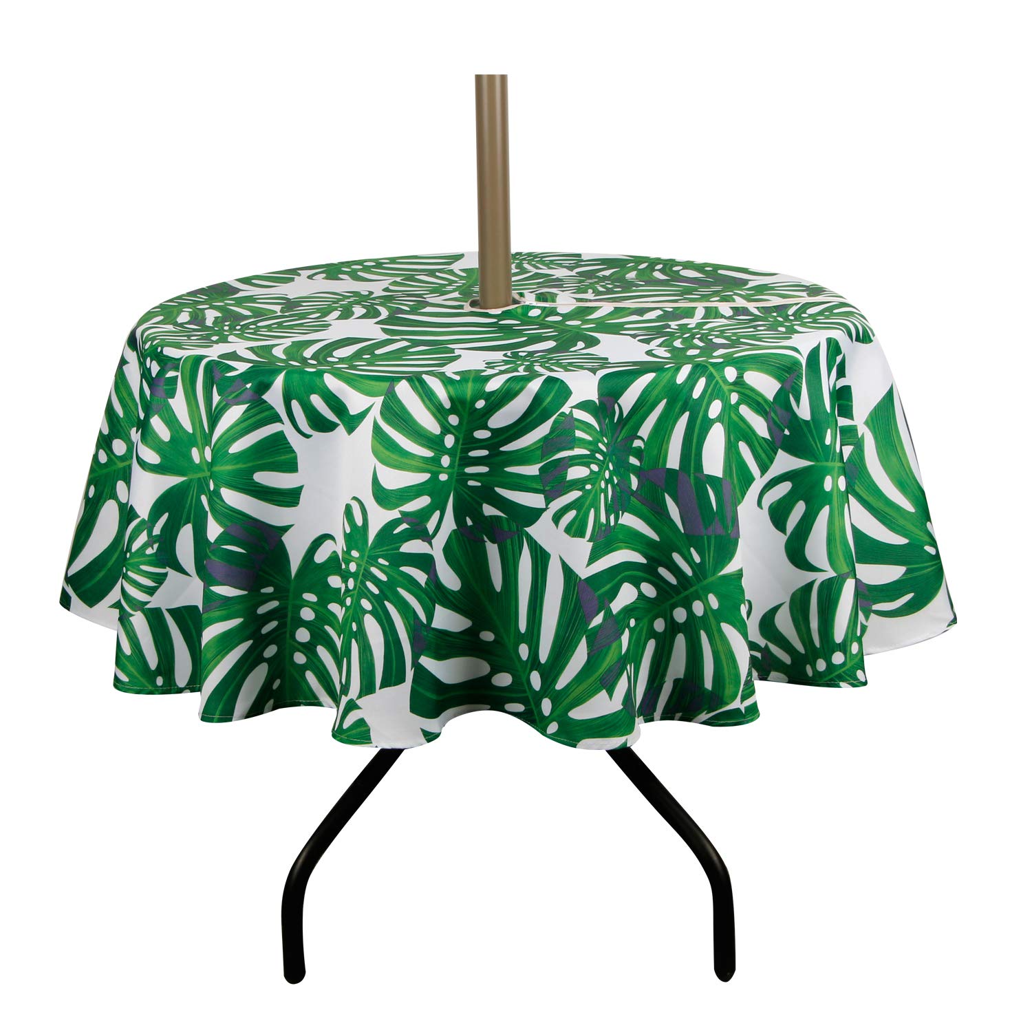 Waterproof Spillproof Polyester Round Tablecloth with Zipper Umbrella Hole - 60 Inch Outdoor Dining Table Cover for Patio, Garden, Picnic & BBQ - Durable Palm Leaf Design for Spring & Summer Decor
