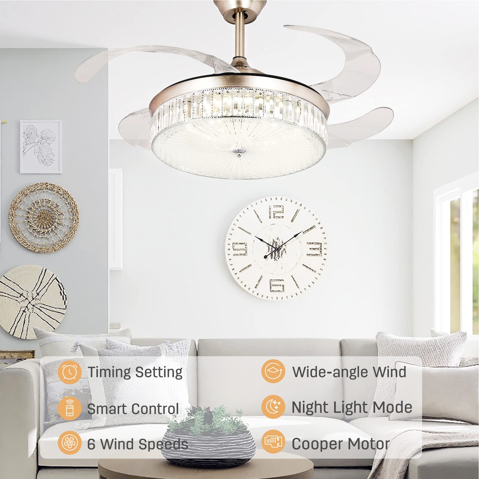 STERREN 42 Inch Crystal Bladeless Ceiling Fan with LED Light - Modern Retractable Flush Mount Low Profile Chandelier Fan with Remote Control - Perfect for Bedroom, Living Room, Dining Room & Office Spaces
