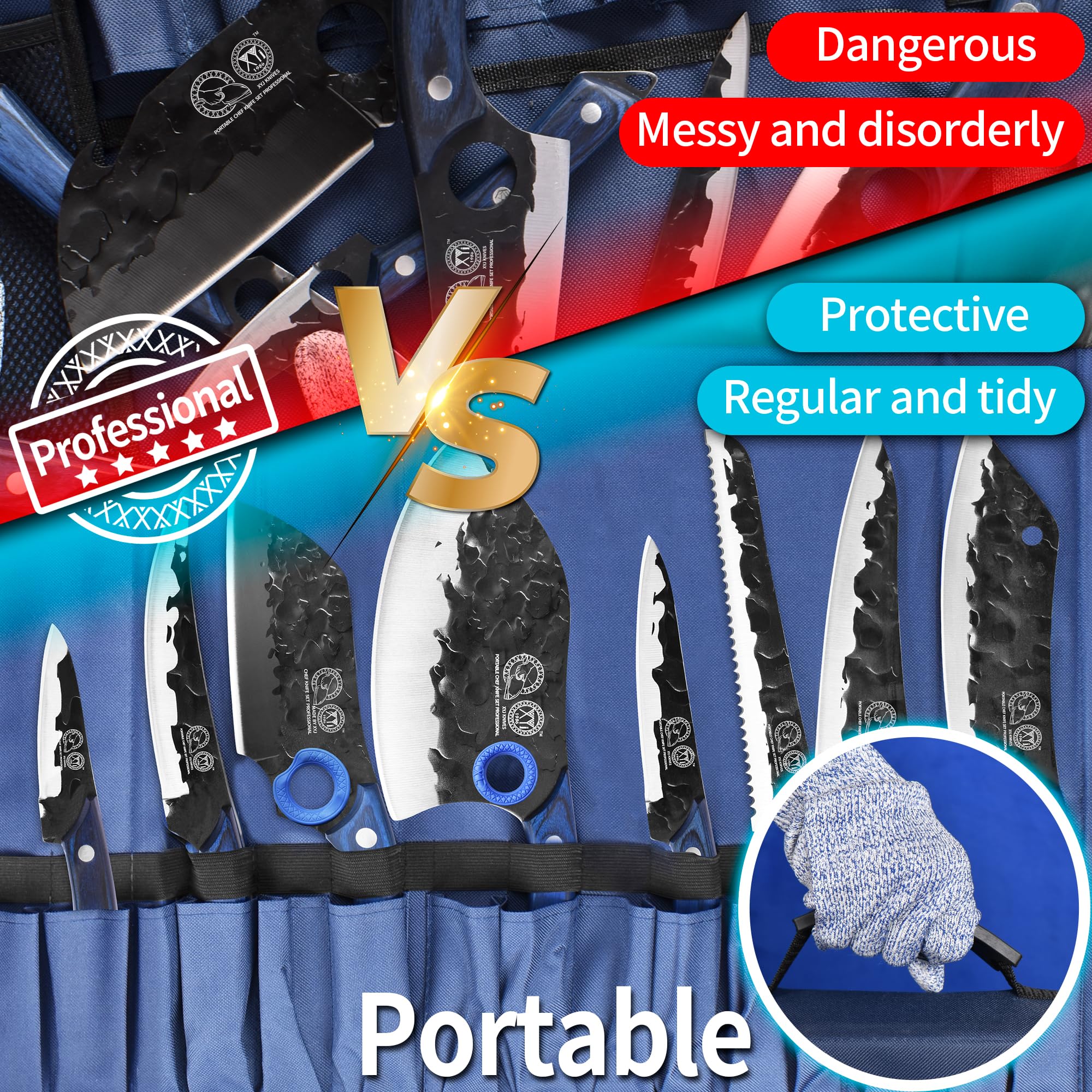 XYJ Professional Kitchen Knife Set - 6-Piece High-Carbon Steel Forged Chef Knives with Full Tang Design (Chef's Knife, Cleaver, Carving Knife, Nakiri) Includes Carrying Case & Poultry Shears - Perfect for Home Cooking, Professional Chefs & Outdoor BBQ