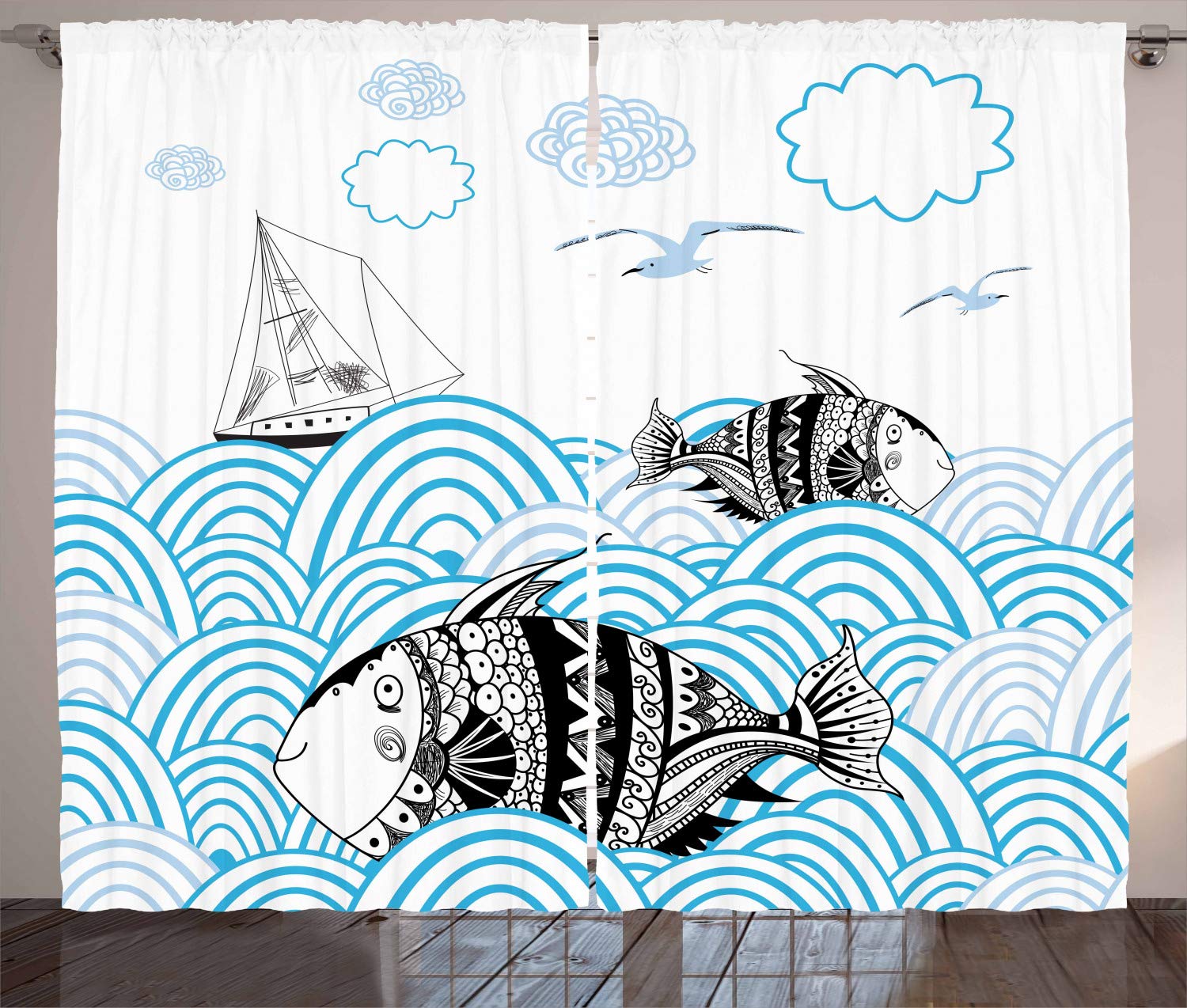 Ambesonne Fish Curtains - Sketch Boat & Underwater Fauna Ocean Marine Art Drapes, 2 Panel Set, 108