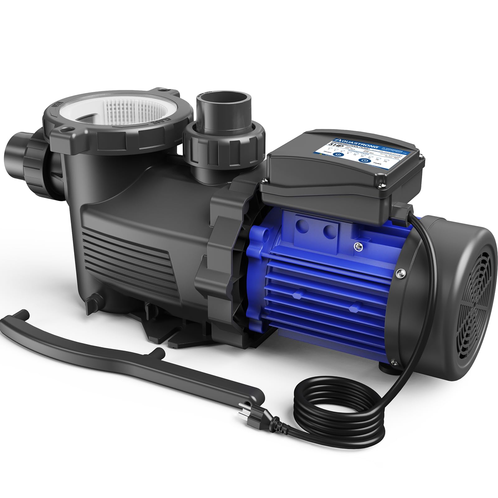 AQUASTRONG 3HP In-Ground & Above Ground Pool Pump with Timer - 115V High Flow (9017GPH) Self-Priming Swimming Pool Pump with Filter Basket - Perfect for Backyard Pools, Spas & Water Circulation Systems