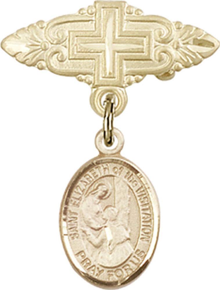 St. Elizabeth of The Visitation Gold Filled Baby Badge Pin with Cross Charm - Religious Jewelry for Christening, Baptism & First Communion Gifts