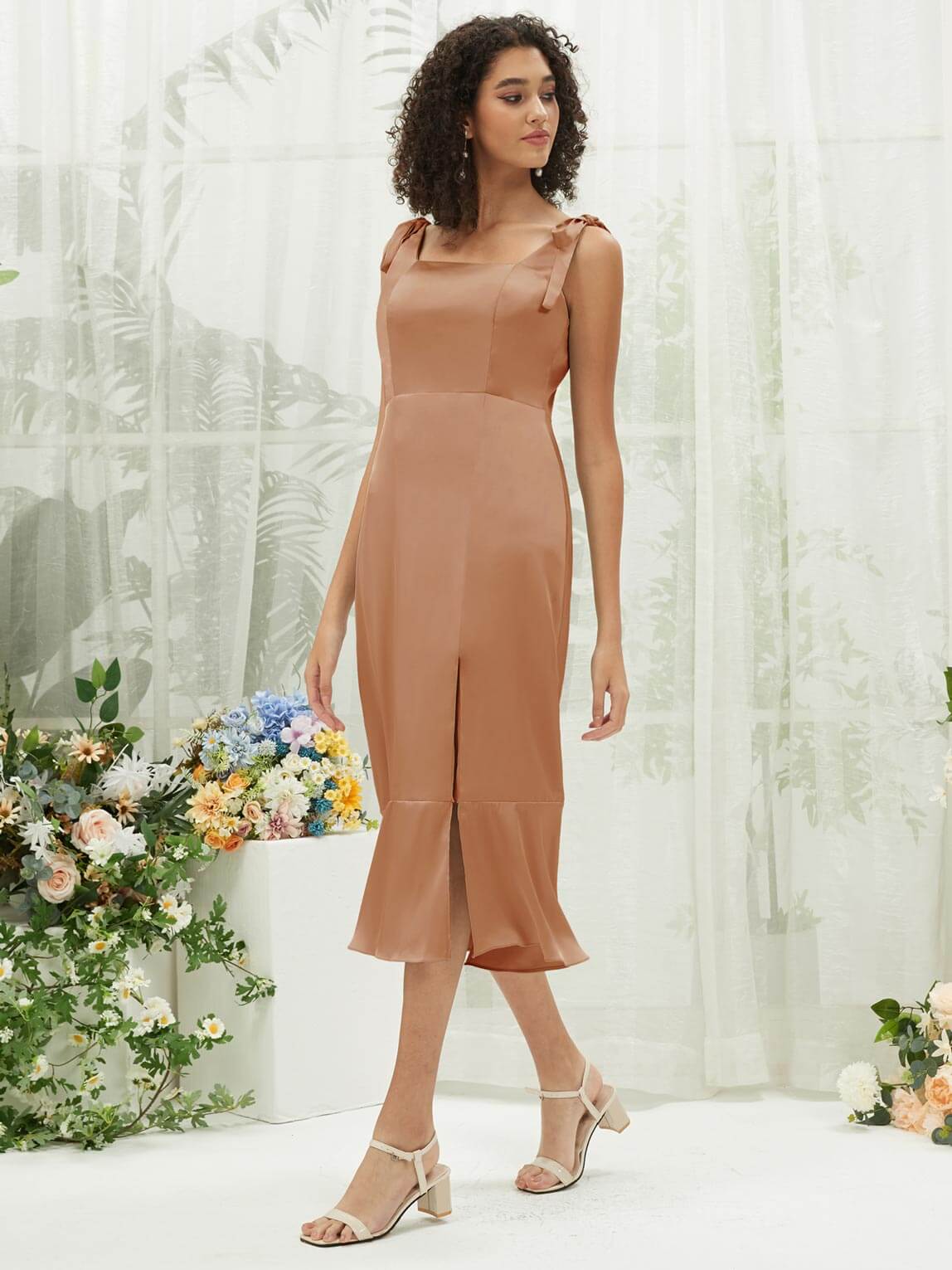Silk Satin Bridesmaid Dress - Square Neck, Slit & Tea Length Convertible Design for Weddings, Parties & Special Occasions