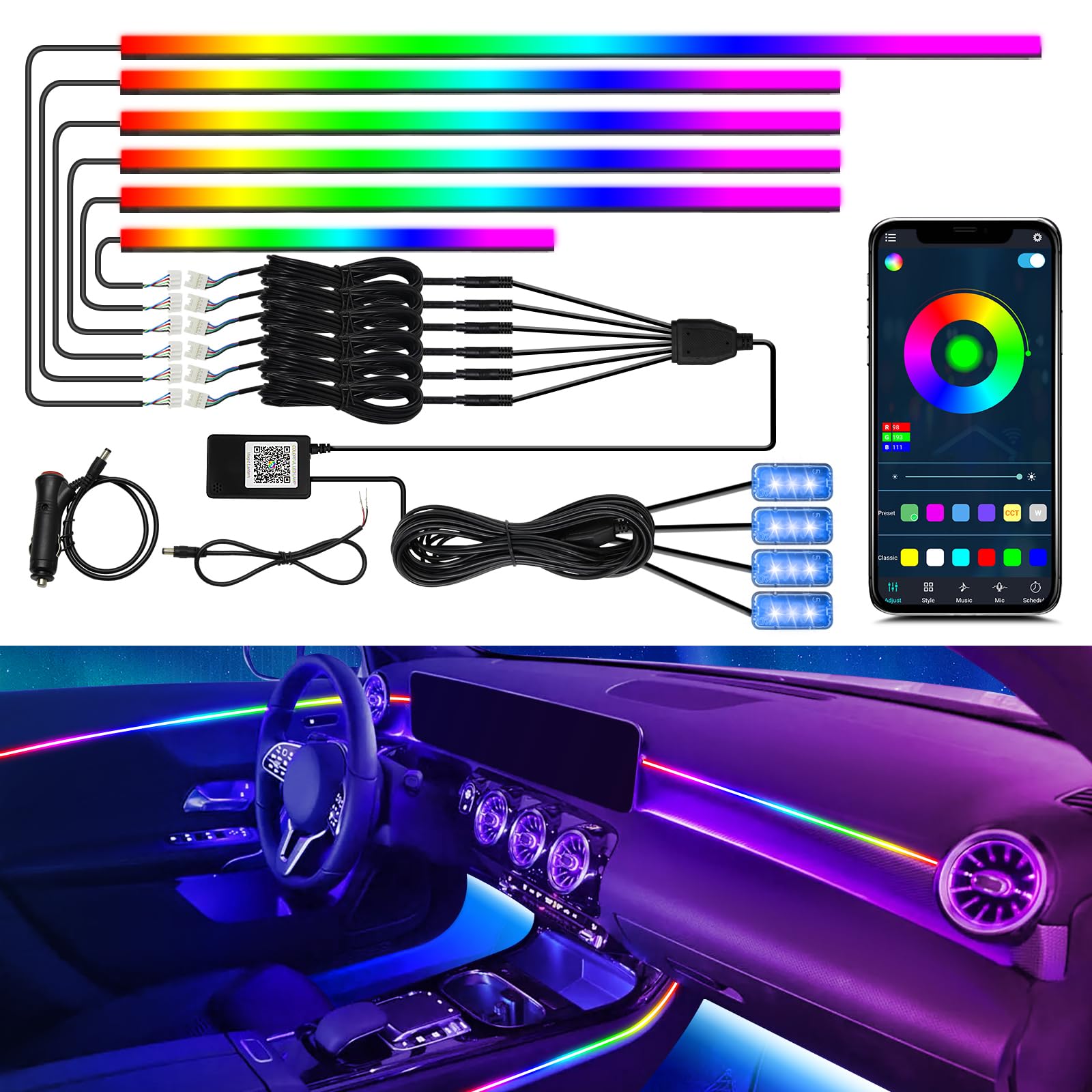 WEBUPAR Dreamcolor Interior Car LED Strip Lights - 10 in 1 APP Controlled with 213 Color Modes, Customizable Neon Ambient Lighting Kit for Cars, Trucks & SUVs | Perfect for Night Driving, Car Parties & Interior Decoration