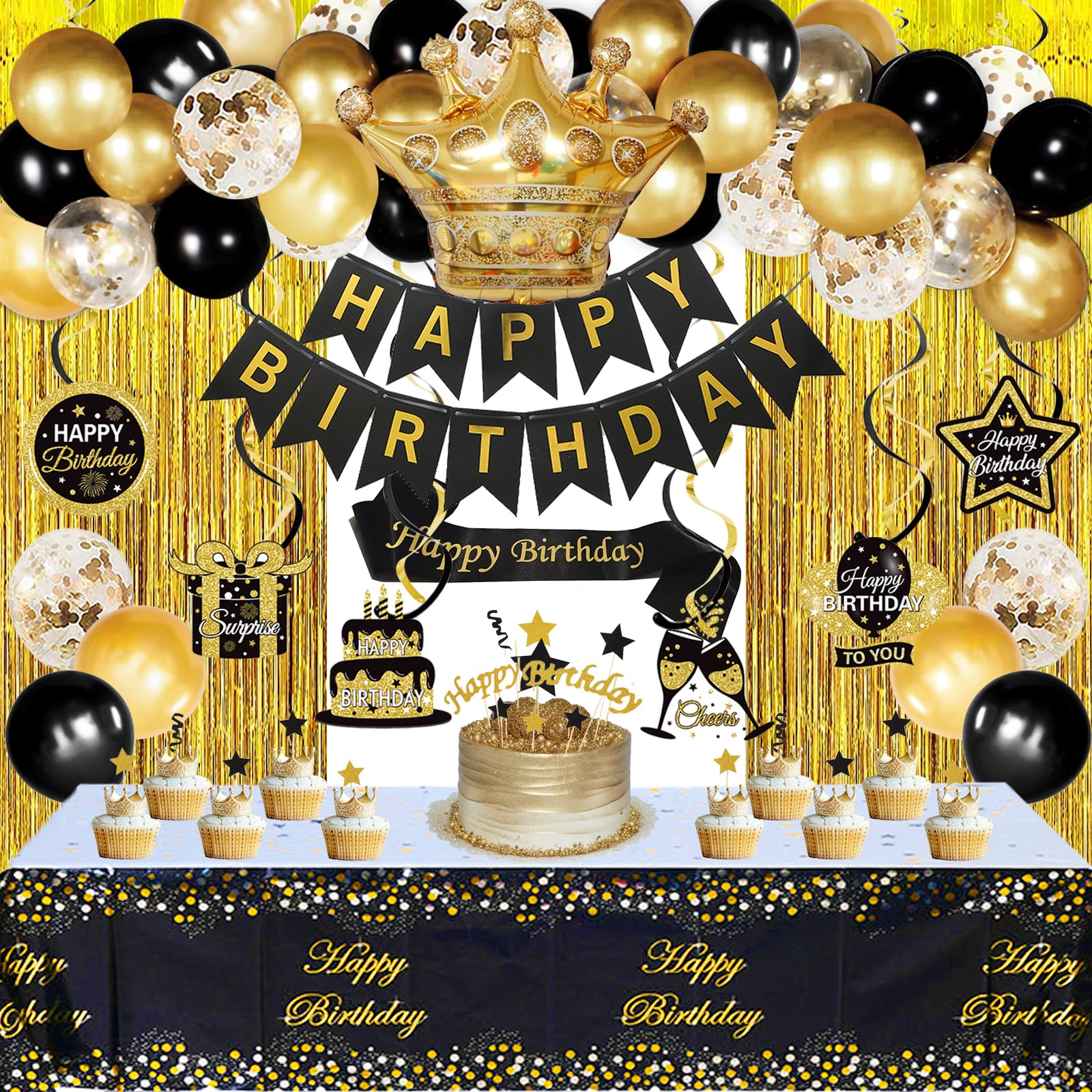 Elegant Black and Gold Birthday Decorations Set for Men & Women - Includes Crown, Hanging Swirls, Sash, Tablecloth, Cake Toppers & Banner - Perfect for Dad's Birthday Party, Anniversary Celebrations & Glamorous Themed Events