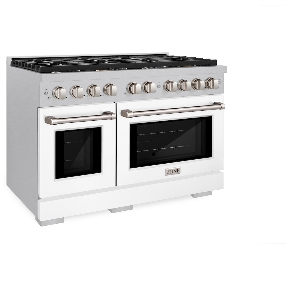 ZLINE 48-inch 6.7 cu.ft Dual Fuel Range with 8-Burner Gas Cooktop & Double Oven - Satin Stainless Steel with White Matte Doors (SDRS WM 48) - Perfect for Large Kitchens, Home Chefs & Entertaining