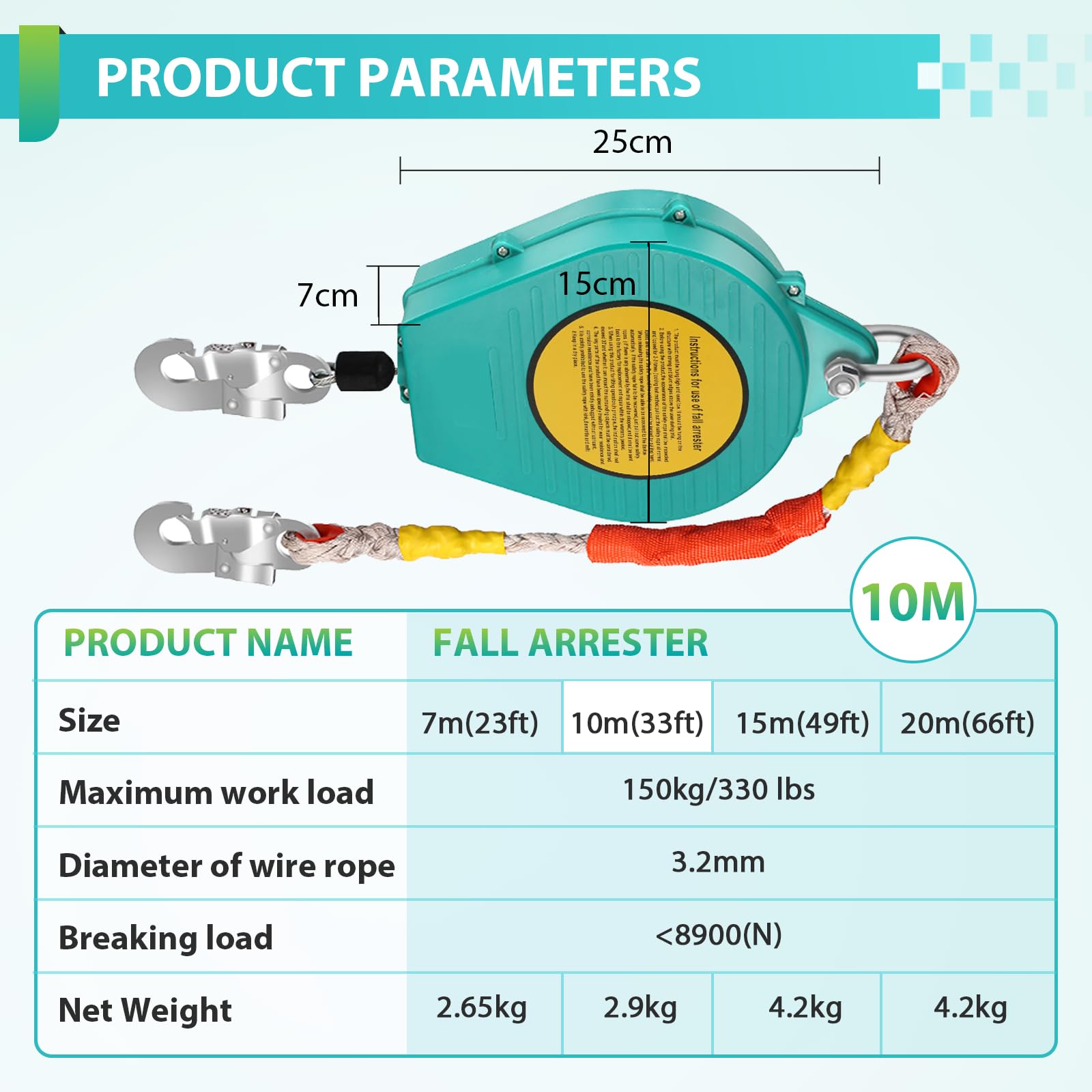 33ft/10m Heavy Duty Self Retracting Lifeline - 330lbs Capacity Fall Arrest Safety Lanyard with Alloy Steel Hook & Aviation Wire Rope - OSHA Compliant Fall Protection Equipment for Construction, Roofing, Window Cleaning & Industrial Work
