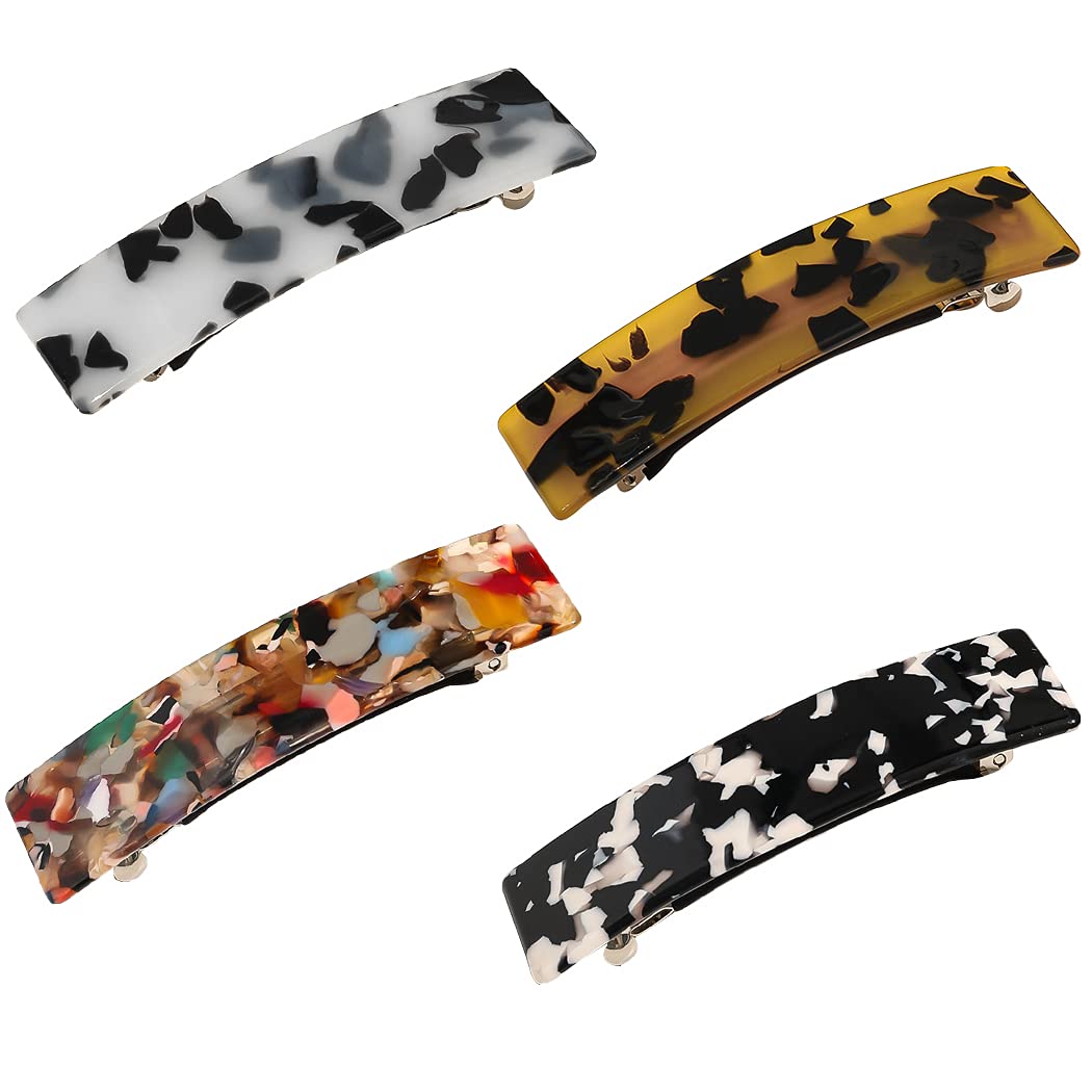 SOWUNO French Barrettes Rectangle Decorative Hair Clips - 4PCS Handmade Resin Hair Barrettes for Women, Automatic Hair Clips for Girls (Colorful Long Design) - Perfect for Weddings, Parties & Daily Styling