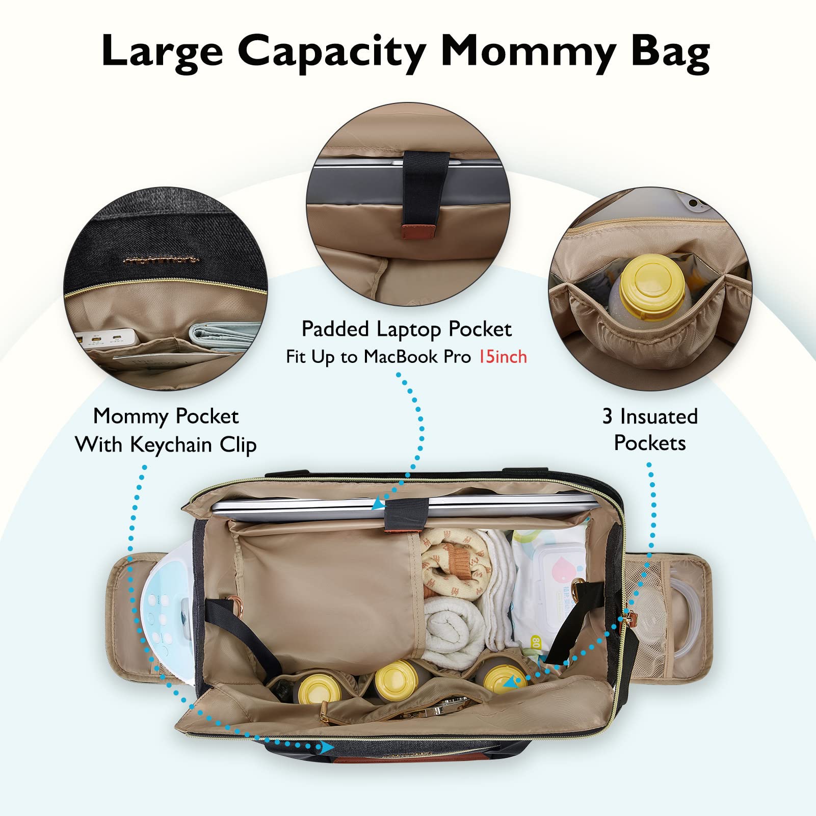 Mommore Breast Pump and Diaper Tote Bag with 15 Inch Laptop Sleeve - Compatible with Medela, Spectra S1/S2, Evenflo Pumps - Perfect for Nursing Moms, Work Commutes & Travel