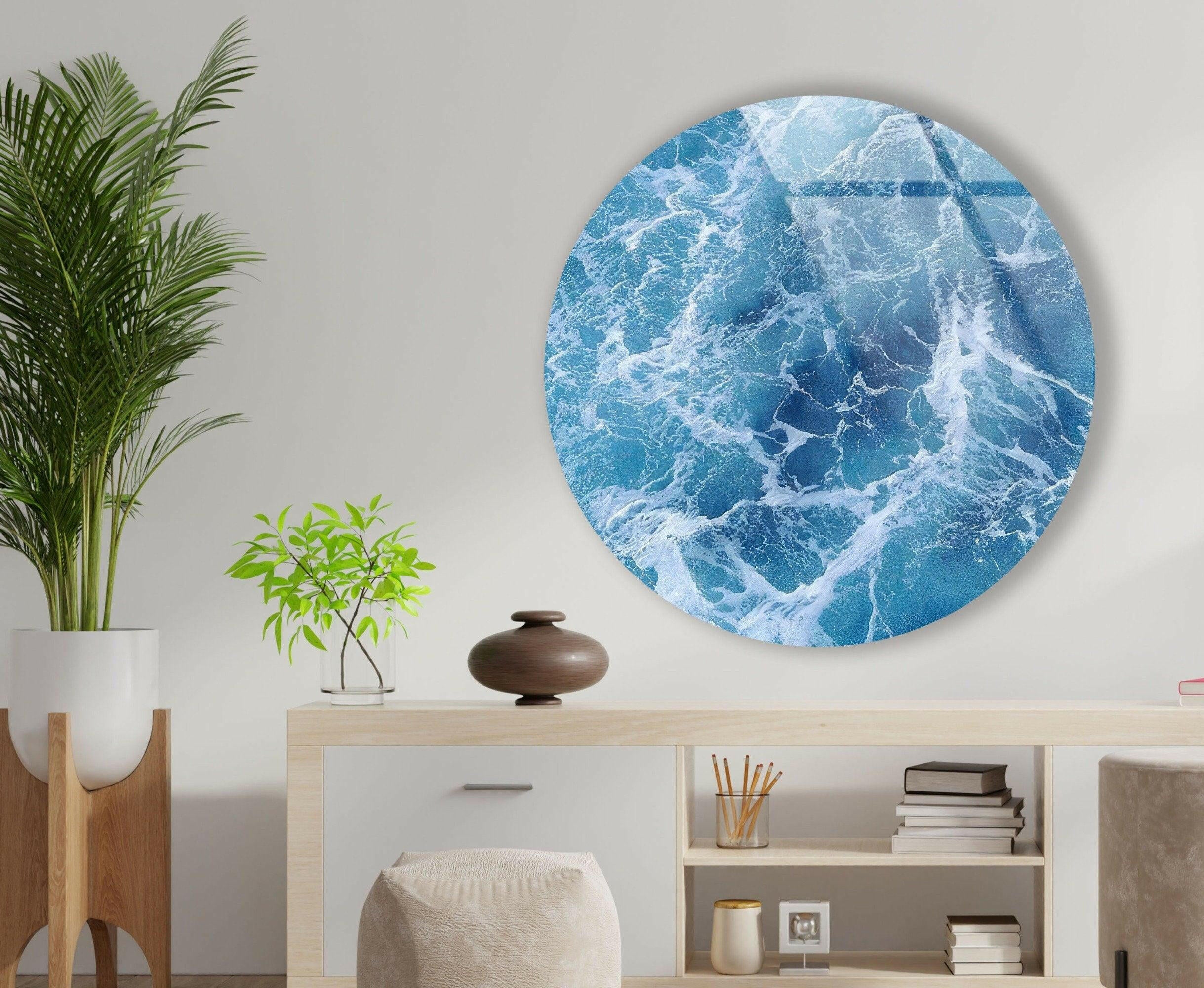 Blue Ocean Waves Round Glass Wall Art - Coastal Decor for Living Room, Bedroom & Office - Handmade Seascape Mural for Home & Office Decor