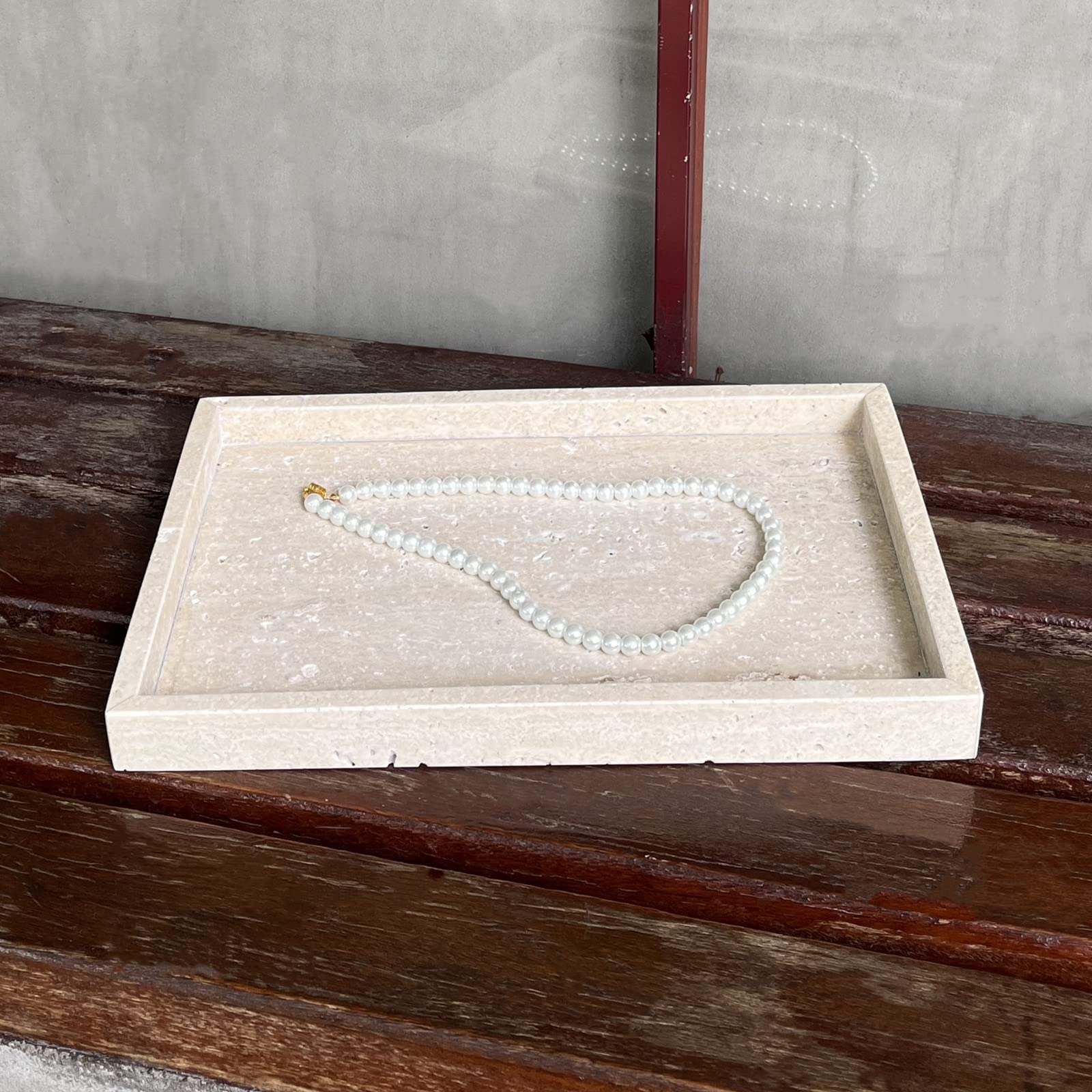 Natural Marble Vanity Tray for Cosmetics & Jewelry | Decorative Catchall Tray for Dresser, Bathroom & Kitchen | Beige Travertine Stone Organizer (11.8