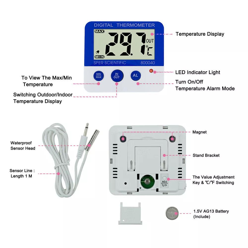 Wireless Digital Temperature Monitor with Remote Sensor & Frost Alarm - Perfect for Home, Fridge, Freezer, and Greenhouse Monitoring