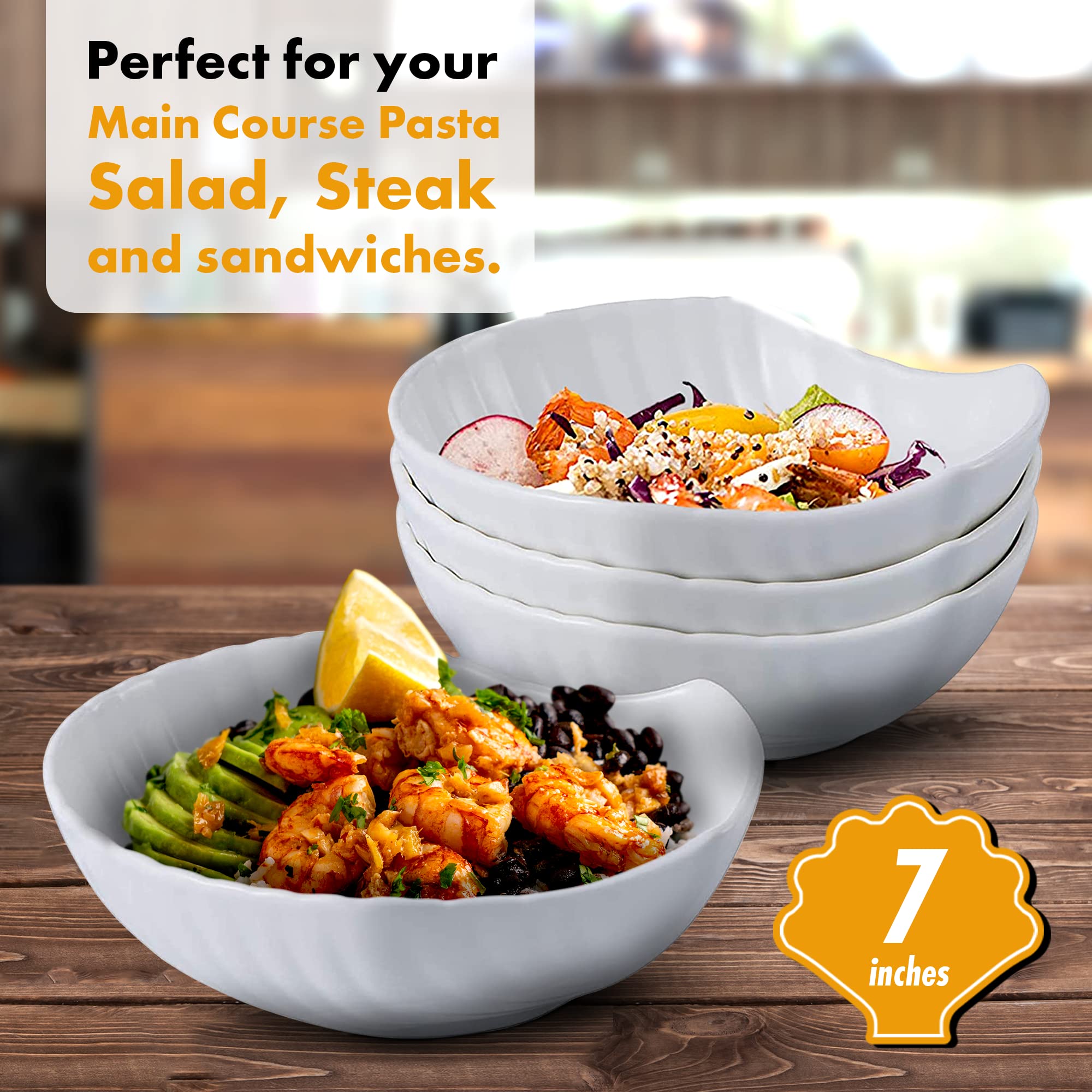 Bruntmor 7 inch Matte Black Ceramic Dinner Plates Set of 4 - Shell Shaped Appetizer, Salad & Dessert Plates | Durable Buffet Dishes for Pasta, Party & Home Dining | Dishwasher Safe Easy Clean Tableware