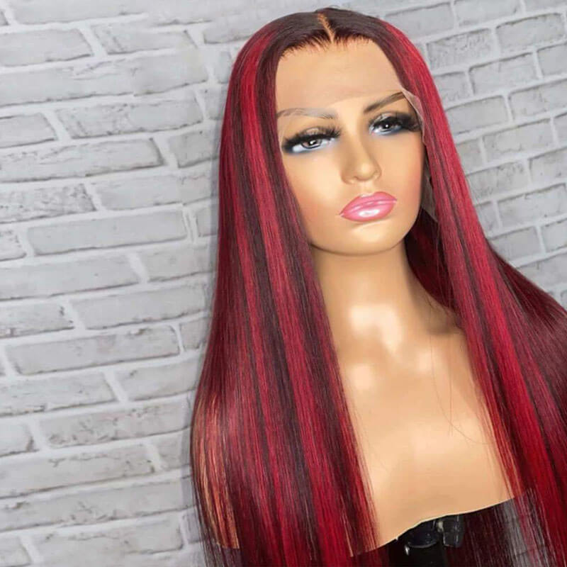 Eullair Red Blue Green Balayage Highlight Straight Lace Frontal Wig for Women - Peekaboo Highlights Human Hair Wig for Daily Wear & Cosplay