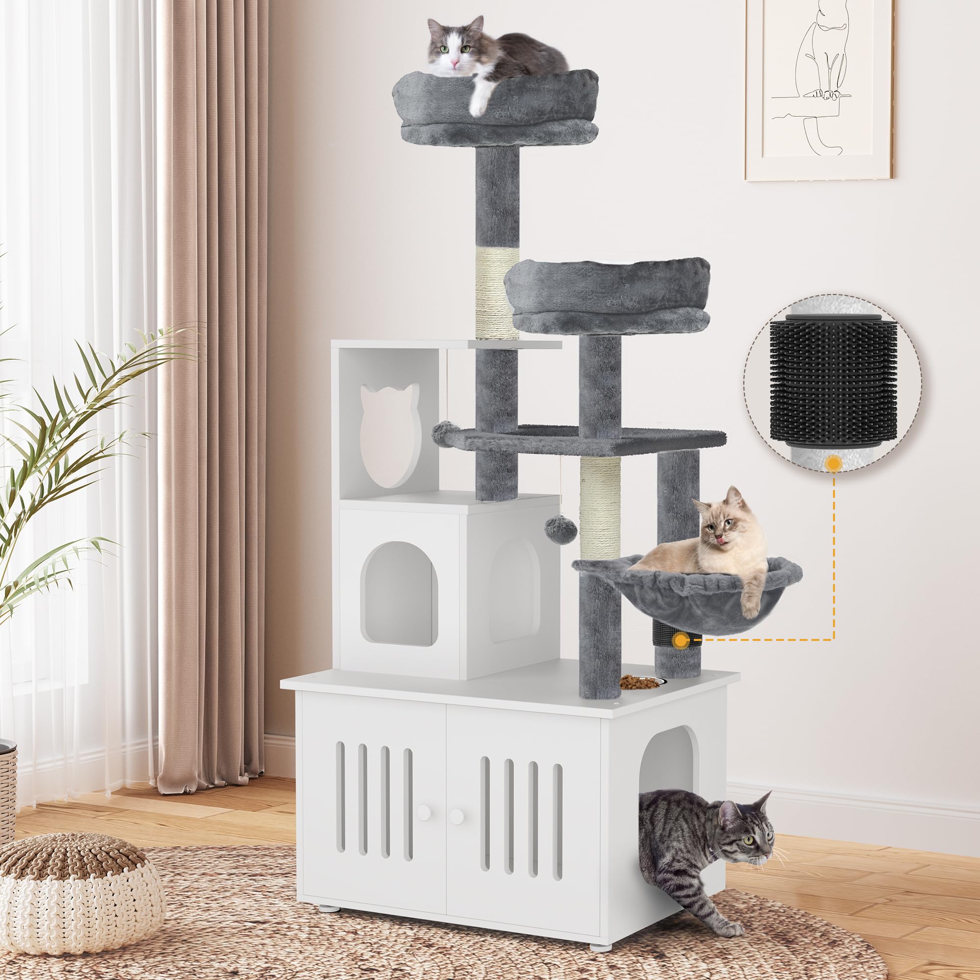 YITAHOME 59 Inch 2-in-1 Cat Tree with Litter Box Enclosure - Modern Cat Condo Tower with Wood House, Perch, Food Station, Hammocks & Scratching Post - Indoor Cat Furniture for Small Spaces & Multi-Cat Homes (White) - Perfect for Apartments, Living Rooms & Pet Play Areas