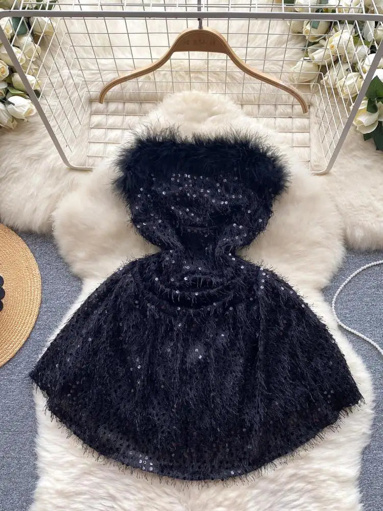 Black Sequin Plush Slim Mini Dress for Women - Strapless Sexy Evening Gown for Christmas, New Year Party, Club Night & Celebrity Events | Perfect for Cocktail Parties, Date Nights & Special Occasions