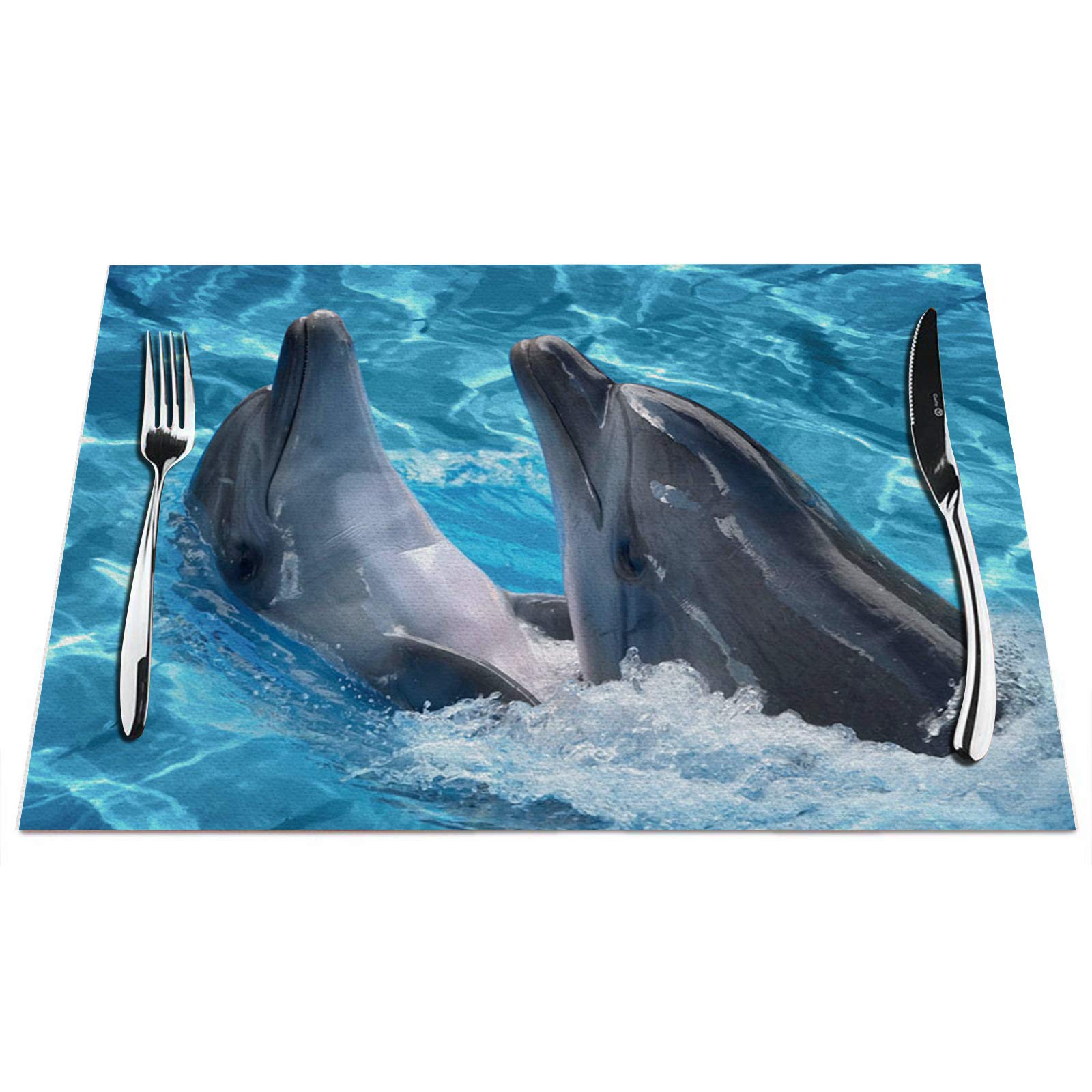 Premium Dolphin Placemats Set of 4 - Non-Slip Heat Resistant Table Mats 18x12 Inches for Dining Table - Cute Ocean Blue Dolphin Couple Design - Perfect for Beach Themed Parties, Coastal Home Decor & Seafood Restaurants