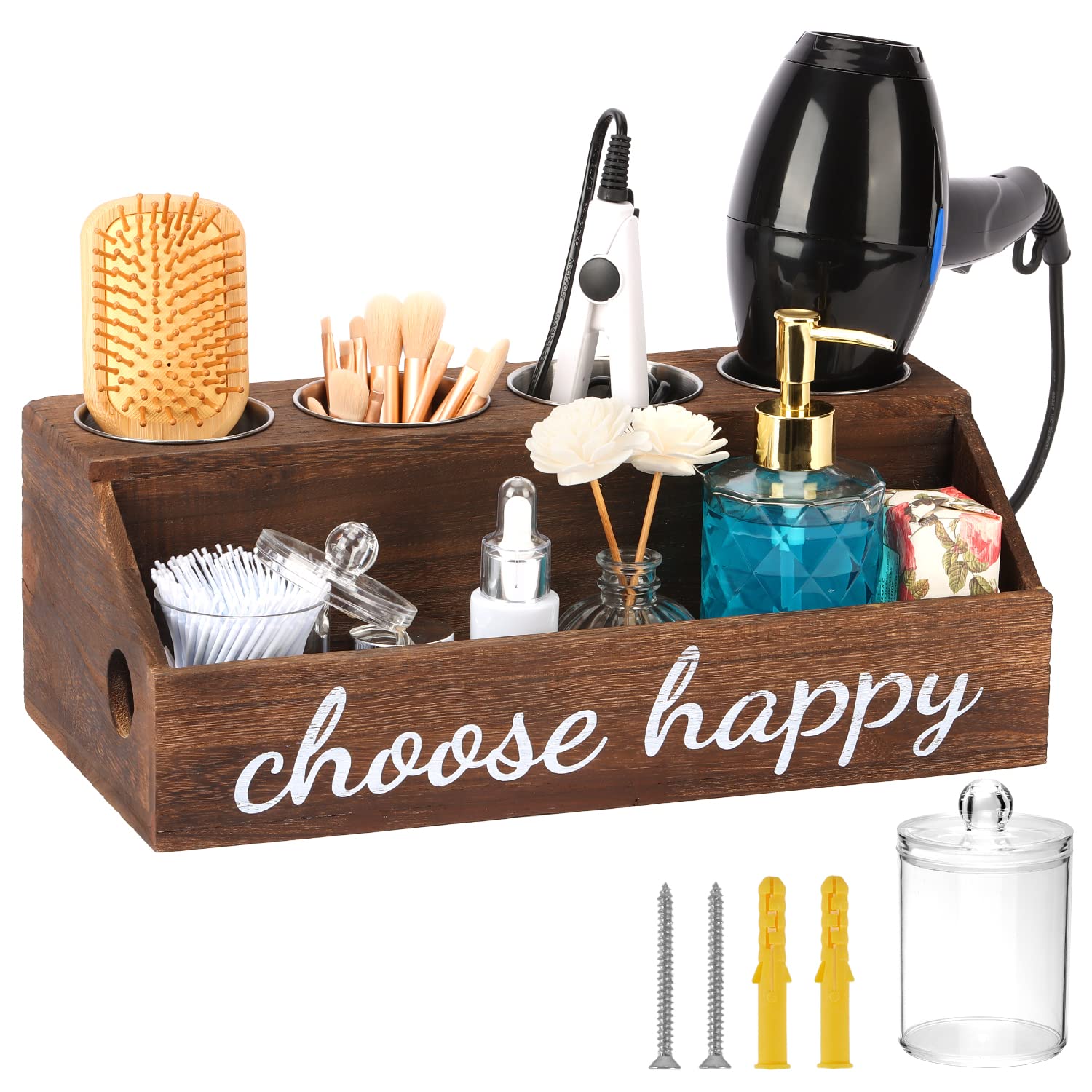 Rustic Wood Hair Dryer Holder & Hot Tools Organizer - Wall Mounted & Countertop Blow Dryer Stand for Curling Iron, Straightener, and Styling Tools - Bathroom Vanity Storage Cabinet Organizer for Home Salon & Spa Use