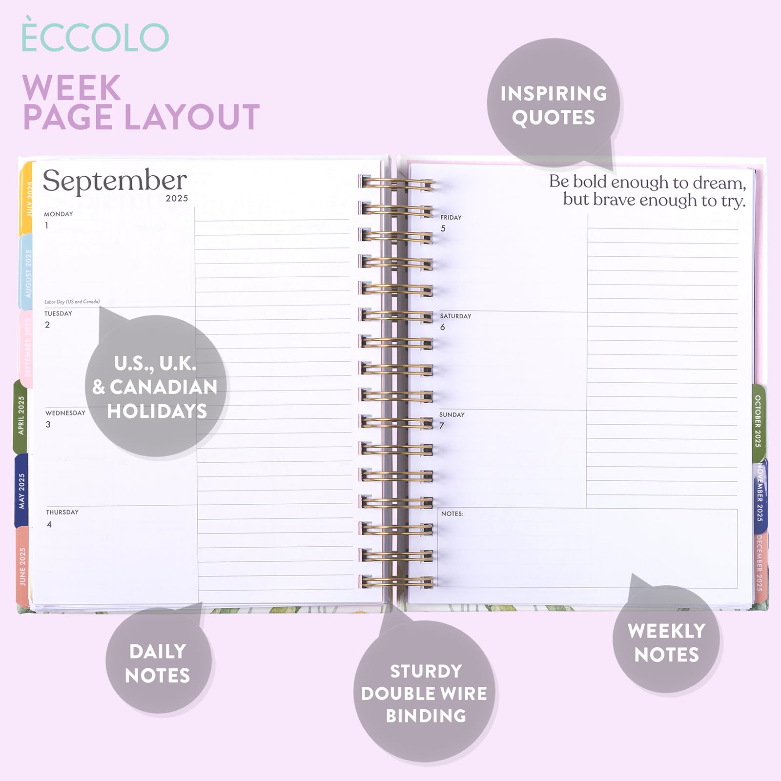 2024-2025 Eccolo Spiral Planner - 18-Month Weekly & Monthly Agenda with Floral Design, Stickers & Inspirational Quotes (7.75