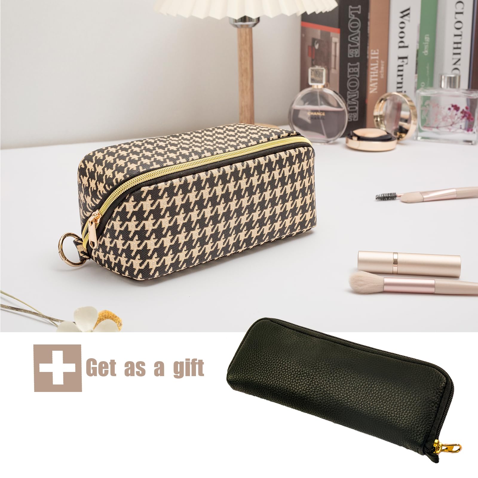 Houndstooth Checkered Makeup Bag - Travel Makeup Organizer & Toiletry Pouch for Brushes, Cosmetics & Travel Essentials (Black Brown) | Perfect for Vacations, Gym, Weekend Getaways & Daily Use