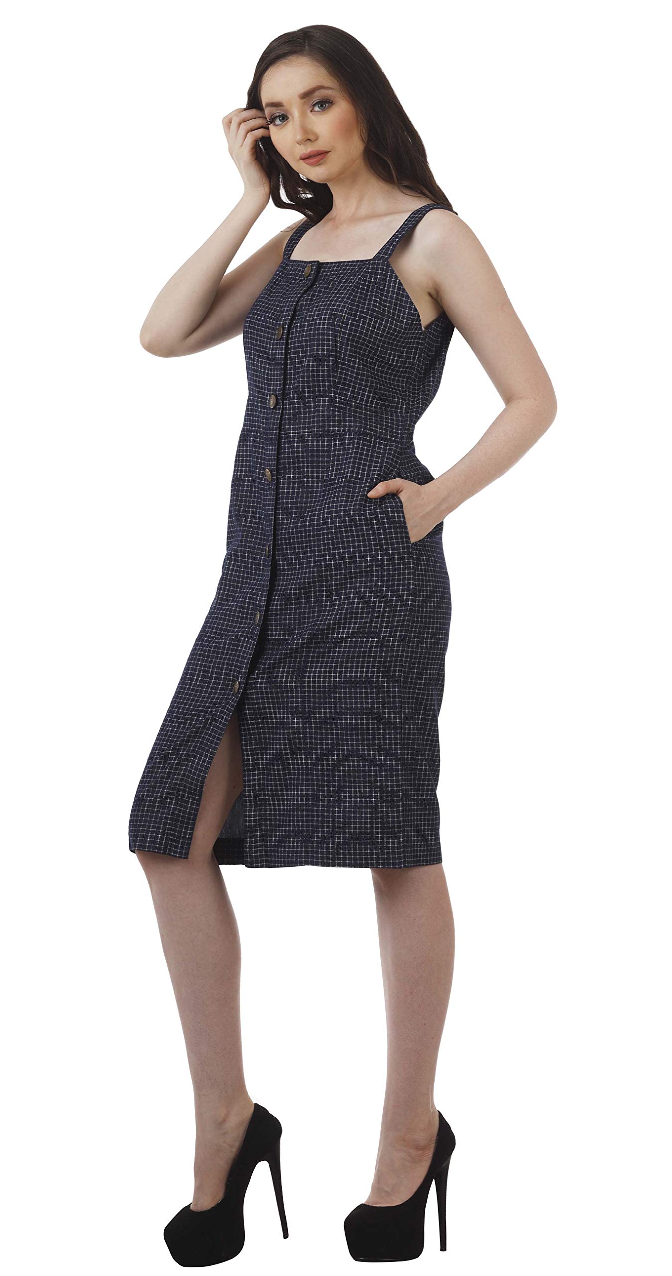Bimba Women's Chambray Button Down Pinafore Dress - Knee Length Casual Short Dress for Everyday Wear, Office, and Weekend Outings