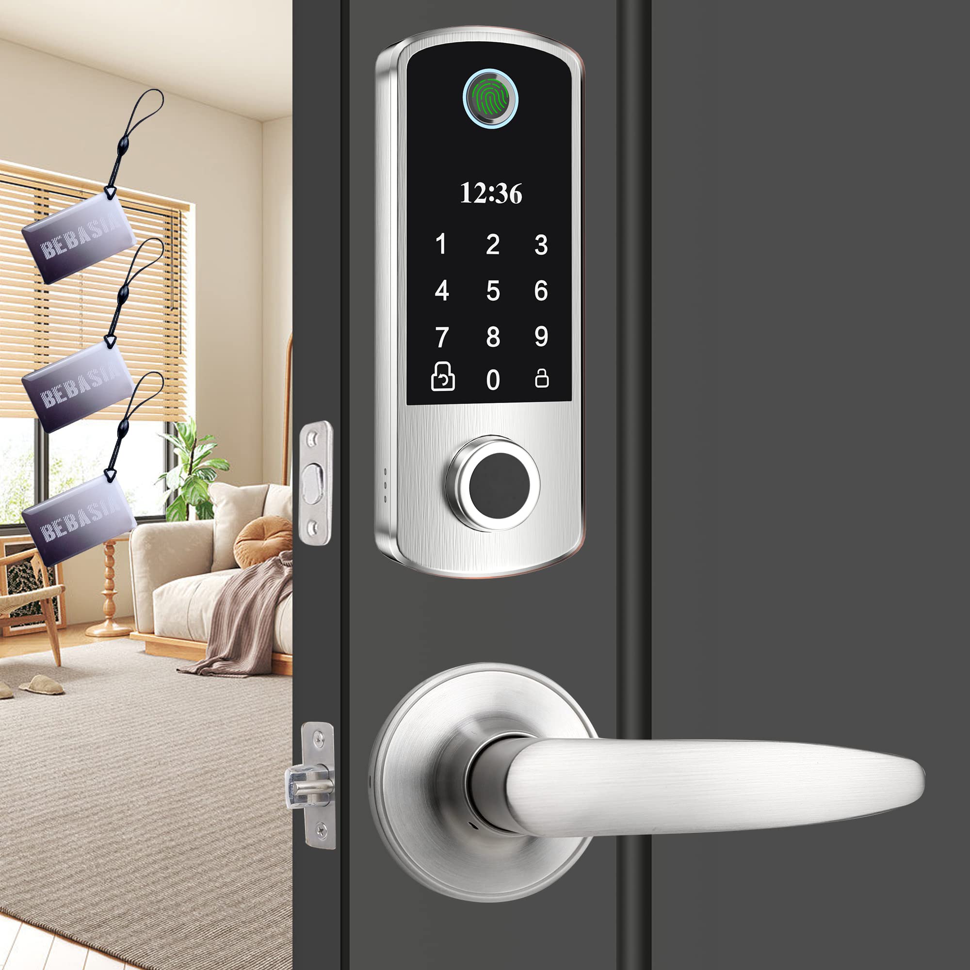 BEBASIA Smart Keyless Entry Door Lock - Fingerprint & Keypad Access, 2 Level Handles, 300+ User Capacity, Anti-Peeping Password, Auto Lock & One-Touch Unlock (Satin Nickel) - Perfect for Homes, Apartments & Vacation Rentals