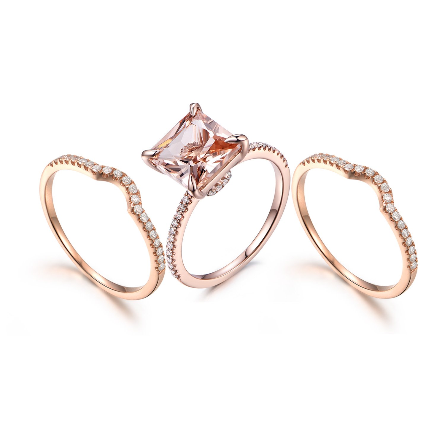 8mm Princess Cut Morganite Ring Set with Diamond Band in 14K White Gold for Wedding & Engagement