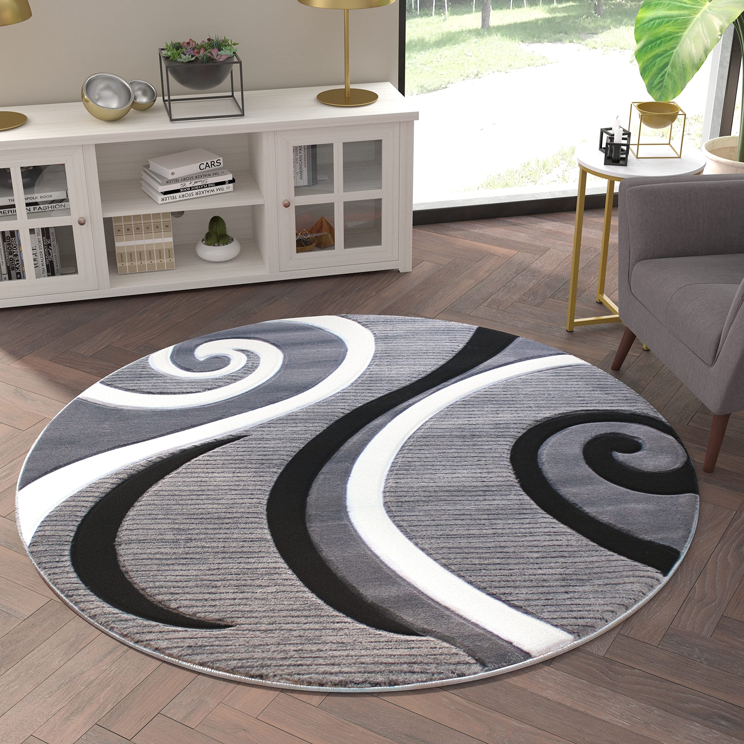 EMMA + OLIVER Modern 3D Sculpted Swirl Round Accent Rug - 5x5 Feet Soft Modal Fabric with Textured Piling in Black, White & Gray - Perfect for Living Room, Bedroom or Office Decor