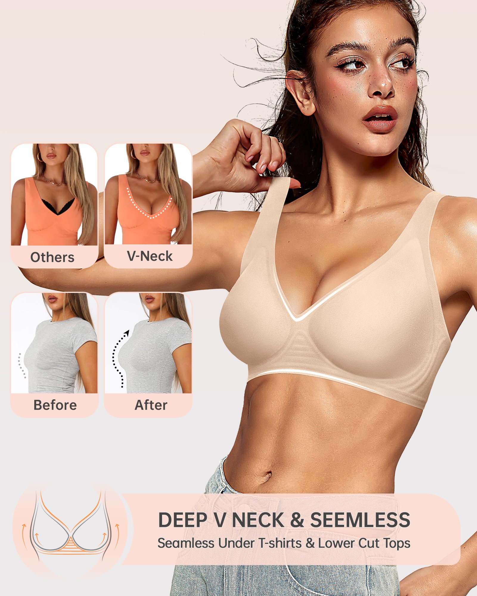 OEAK Women's Deep V Push Up Bralette - Comfortable Seamless Plunge Bra with No Underwire, Low Cut Support for T-Shirts | Perfect for Everyday Wear, Date Nights & Layering Under Clothes