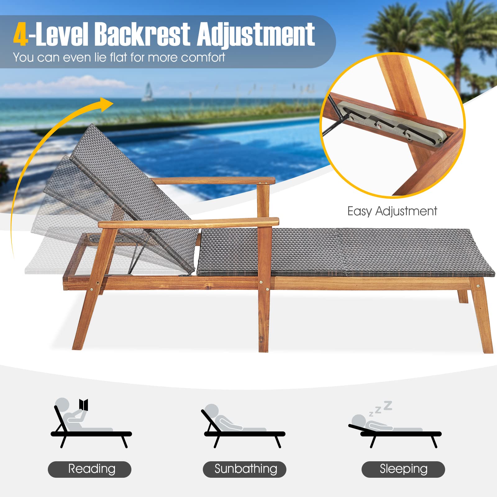 Tangkula 3-Piece Outdoor Patio Furniture Set - Acacia Wood Rattan Chaise Lounge Chairs with Adjustable Backrest & Folding Side Table - Durable Mix Brown Recliner Set for Backyard, Poolside, Garden Relaxation
