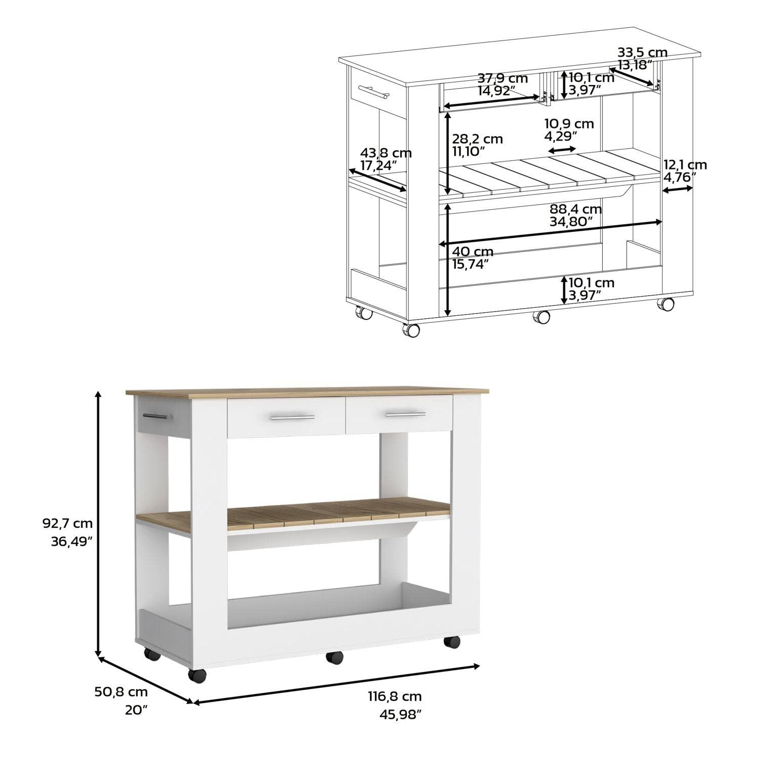Delos 46 Inch Kitchen Island with 6 Heavy Duty Casters, 2 Spacious Drawers & Open Shelves - White/Light Oak Finish | Perfect for Small Kitchens, Breakfast Bars & Extra Storage Space