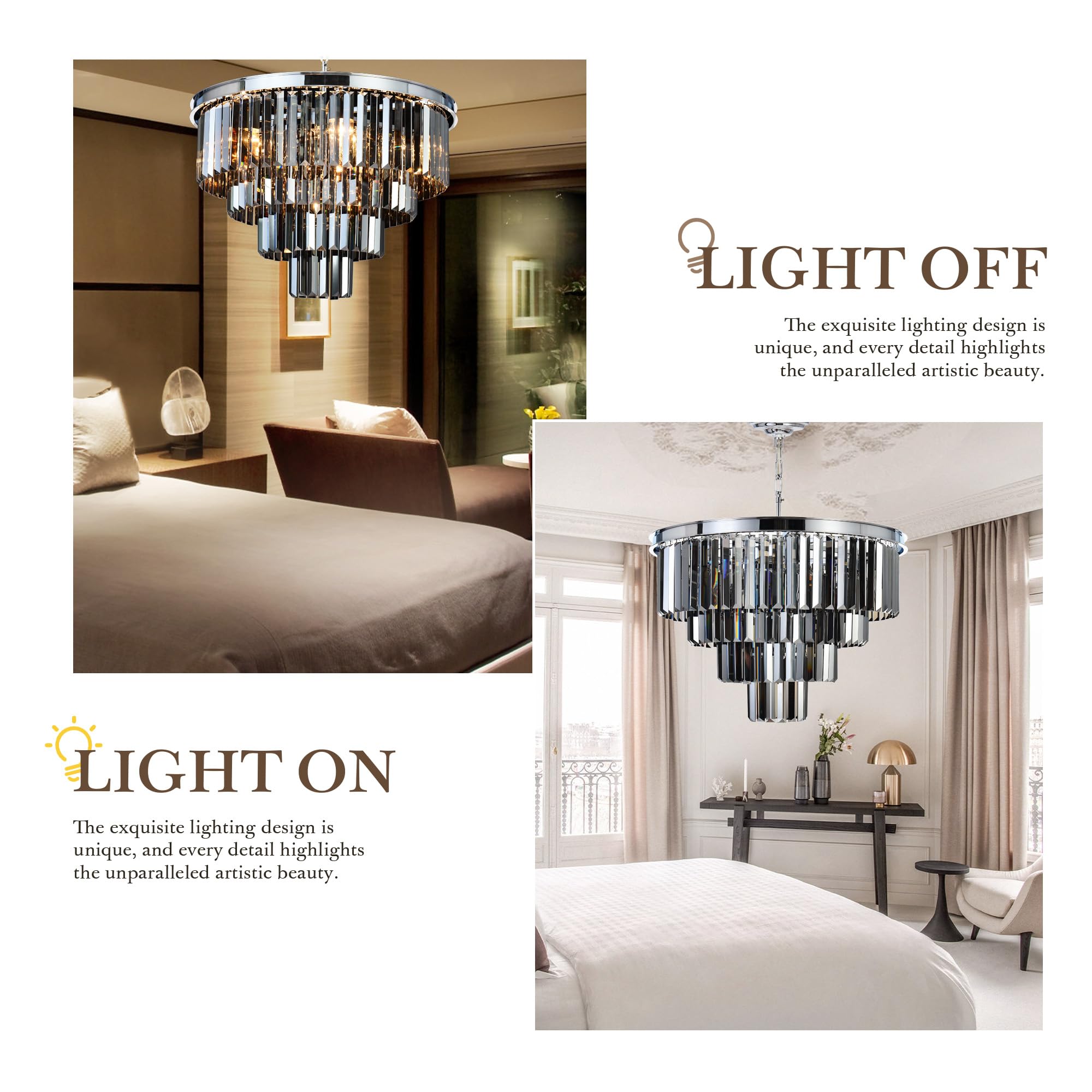 Luxury Chrome Smoke Crystal Modern Chandelier - 4-Tier Pendant Ceiling Light Fixture for Dining Room, Living Room, Bedroom & Girls Room (23.6