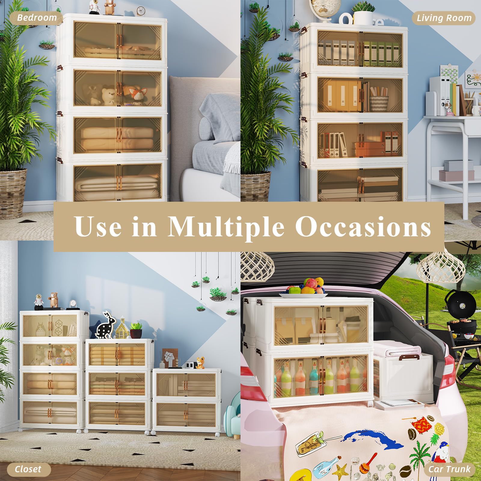 120 Gallon (480 Qt) Stackable Storage Bins with Lids - 4 Pack Large White Collapsible Storage Containers with Wheels | Foldable & Customizable for Home, Office, Garage & Closet Organization | Perfect for Seasonal Decor, Toys, Clothes & Household Items Storage
