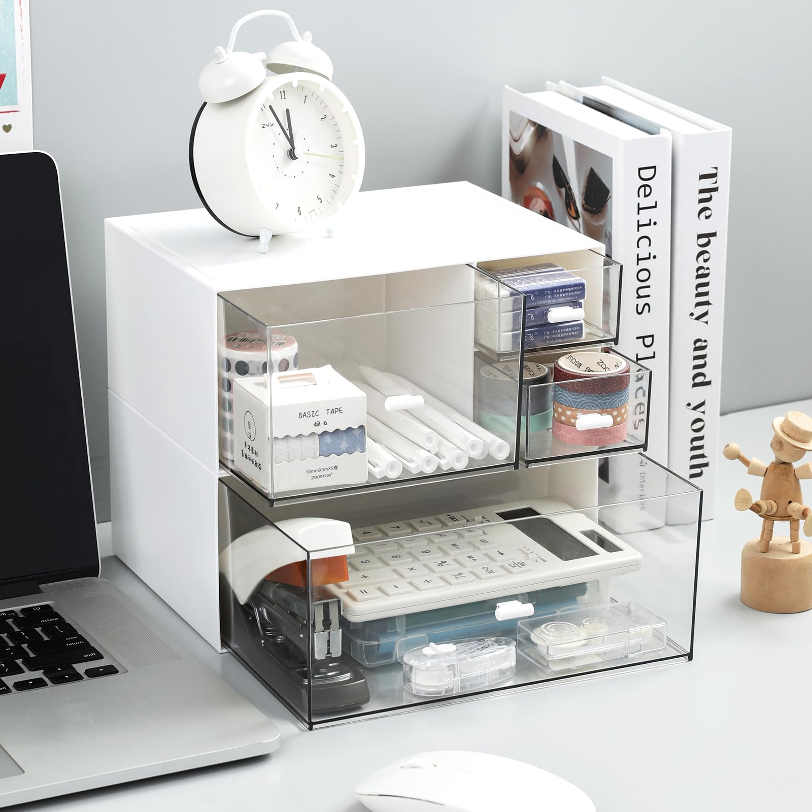 4-Drawer Desk Organizer & Makeup Storage Box for Nail Polish, Lipstick, Brushes, Jewelry - White Cosmetic Organizer for Vanity, Bathroom & Office Organization