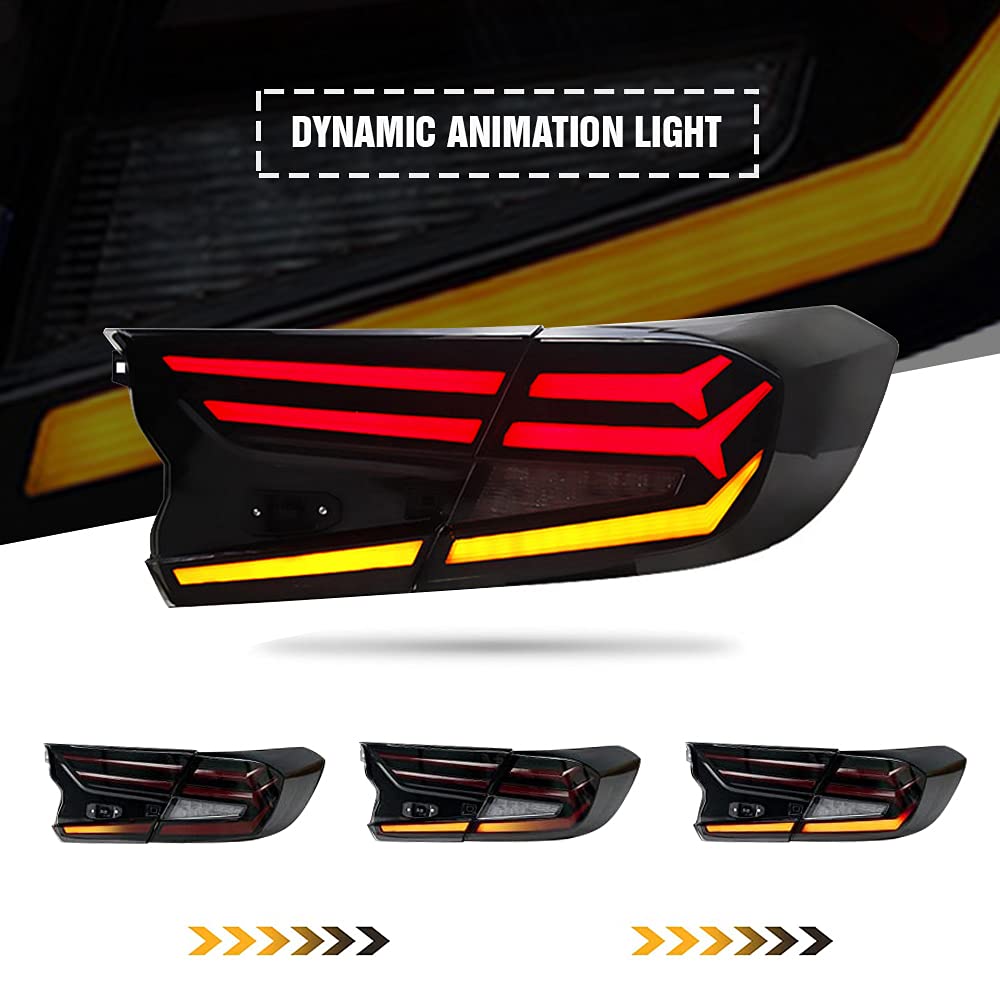 2018-2022 Honda Accord 10th Gen LED Taillights - Sequential Animation Tail Light Assembly Replacement for EX/EX-L/LX/Sport/Touring/Hybrid Models | Fishbone Design | Rear Lights Accessories | Perfect for Custom Upgrades & Nighttime Safety