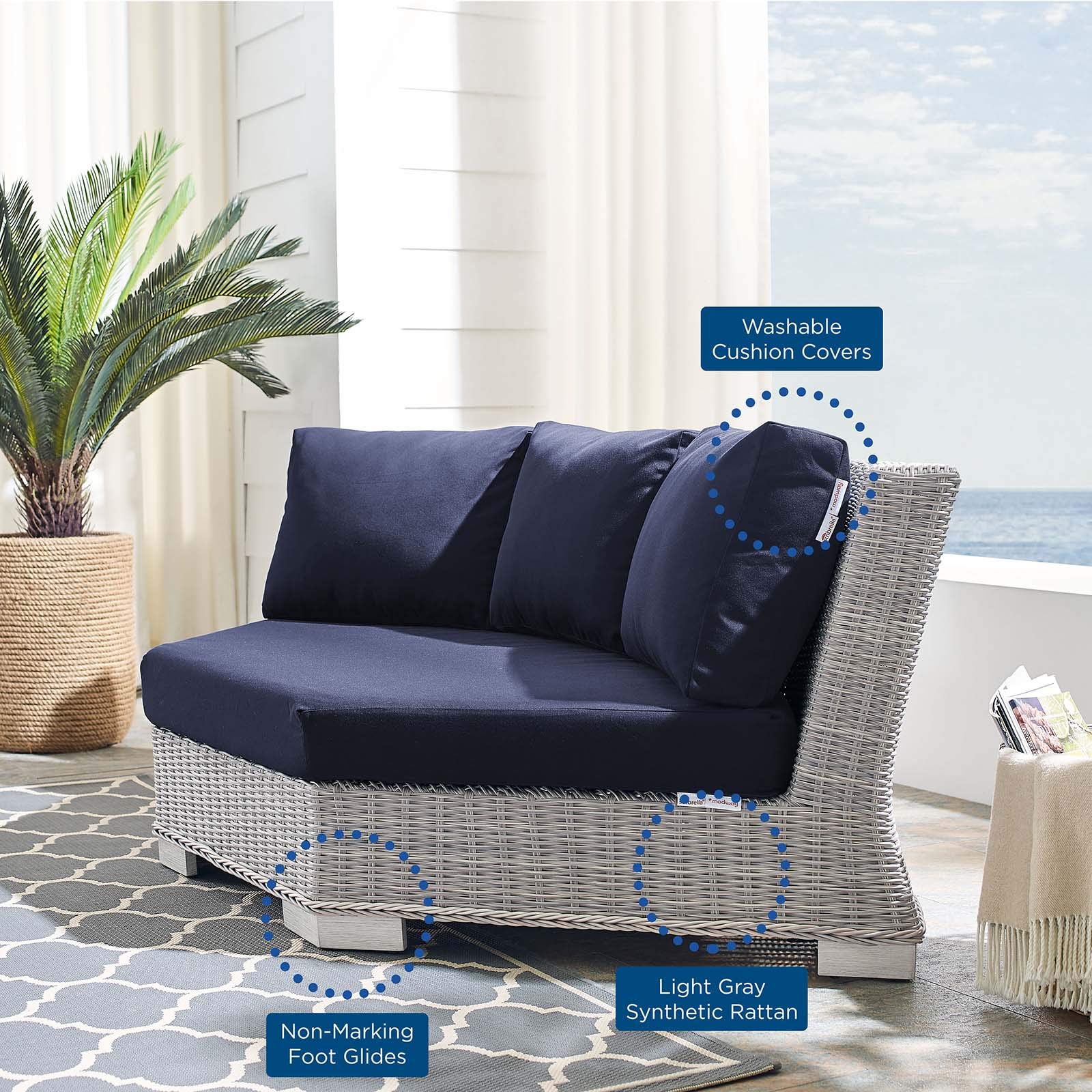 Modway Conway Sunbrella Outdoor Patio Wicker Rattan Round Corner Chair - Light Gray Navy - Weather-Resistant Lounge Chair for Poolside, Garden & Backyard Relaxation