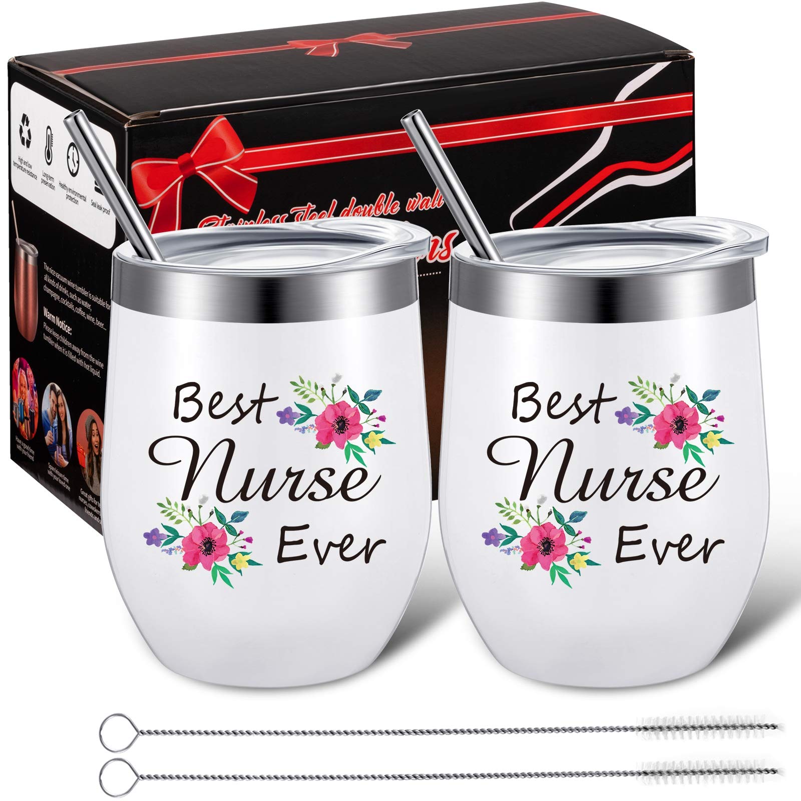 2-Pack Best Nurse Ever Stainless Steel Wine Tumblers - 12 oz Insulated Cups with Lid & Straw - Perfect Nurse Practitioner Gifts for Graduation, Birthday & Nurse Week - Ideal for Hospitals, Clinics & Home Use (White)