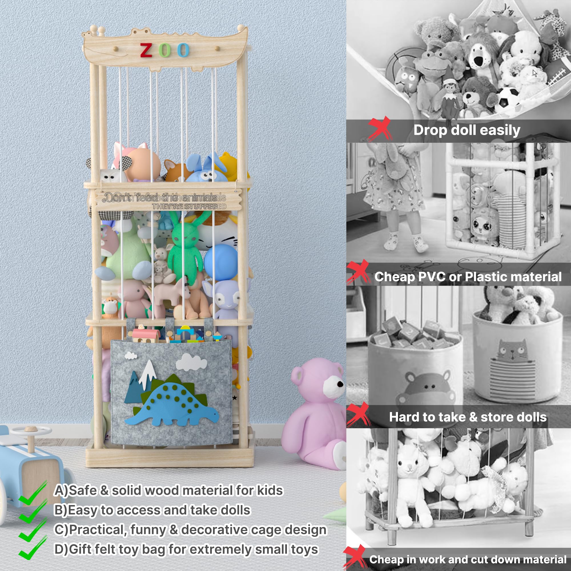 Upgraded Wooden Stuffed Animal Storage Organizer - XXL Toy Chest & Plushie Net for Kids Nursery, Playroom & Bedroom | Perfect for Organizing Stuffed Toys, Books & Baby Essentials