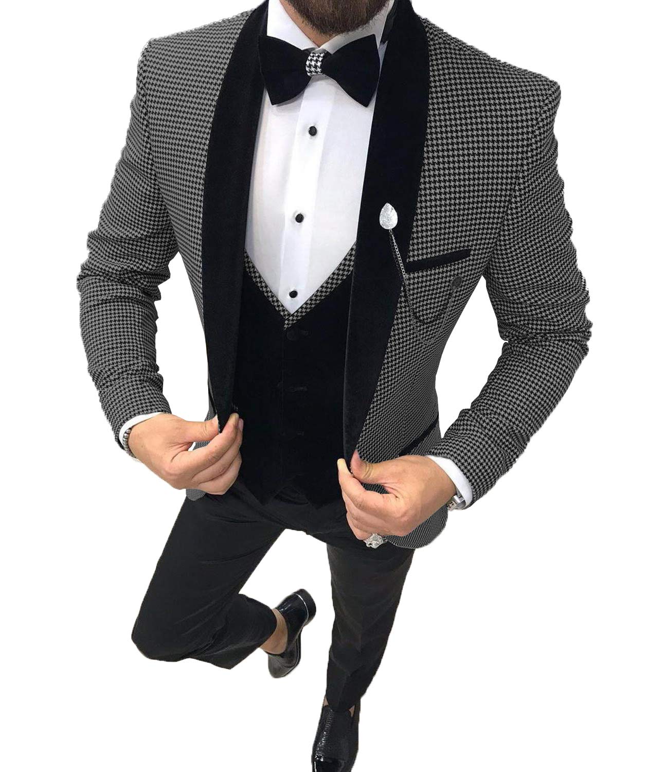 Men's 3-Piece Slim Fit Houndstooth Suit Set (Blazer, Vest & Pants) for Wedding, Groomsmen & Formal Occasions - Fashionable One-Button Casual Tuxedo Outfit