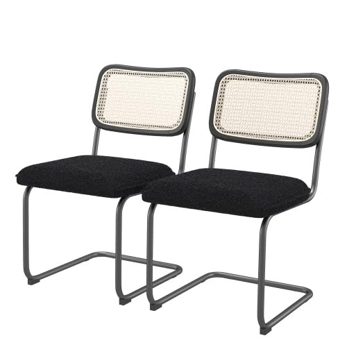 Premium Leather Dining Chair with High-Density Sponge Cushion - Rattan Backrest Modern Accent Chair for Dining Room, Living Room, Bedroom - Black - Perfect for Home Decor, Restaurant, Cafe & Office Settings