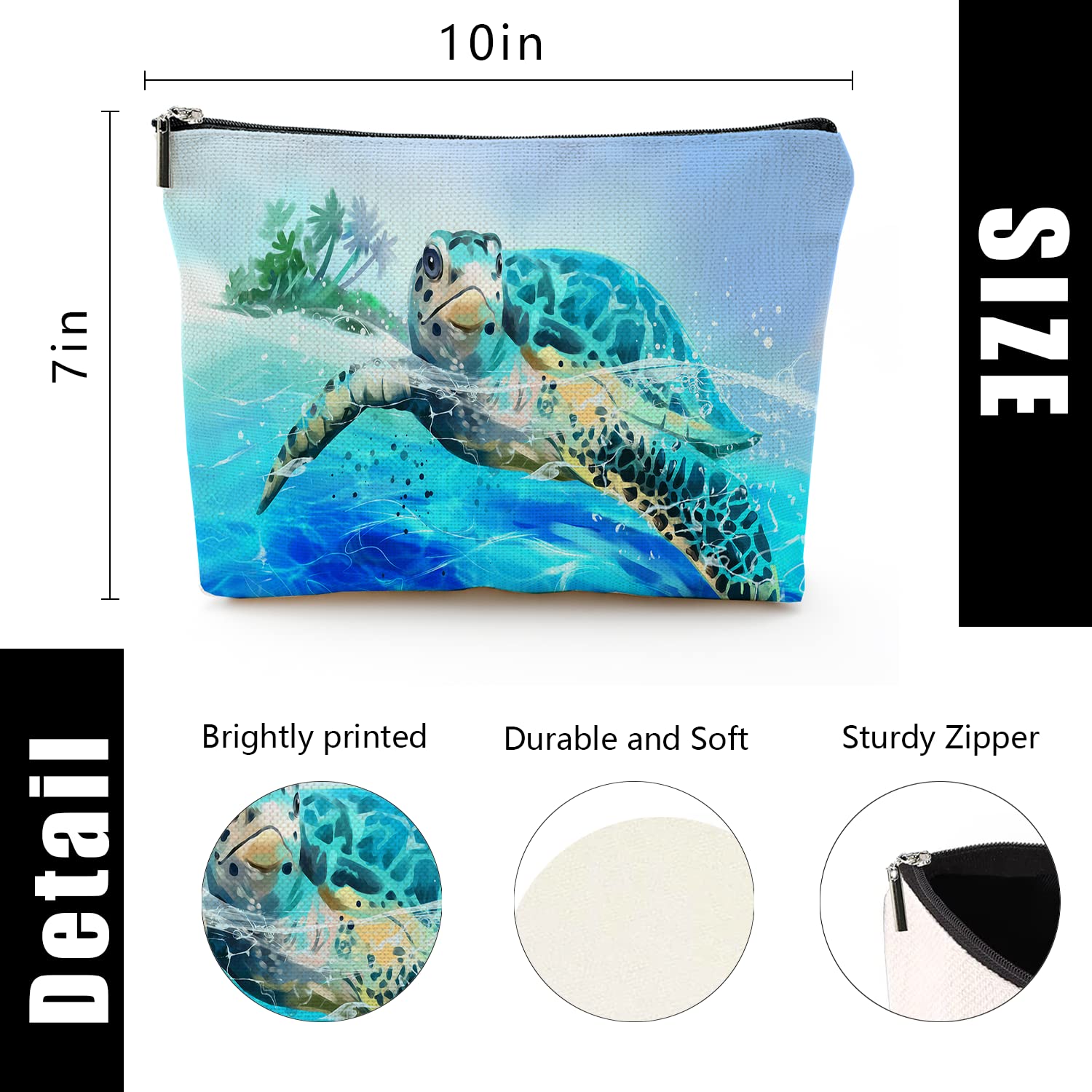 Large Travel Makeup Bag for Women - Waterproof Cosmetic Organizer with Zipper, 7x10 Inch Toiletry Pouch (Sea Turtle Print) - Perfect for Vacation, Gym, and Daily Essentials Storage