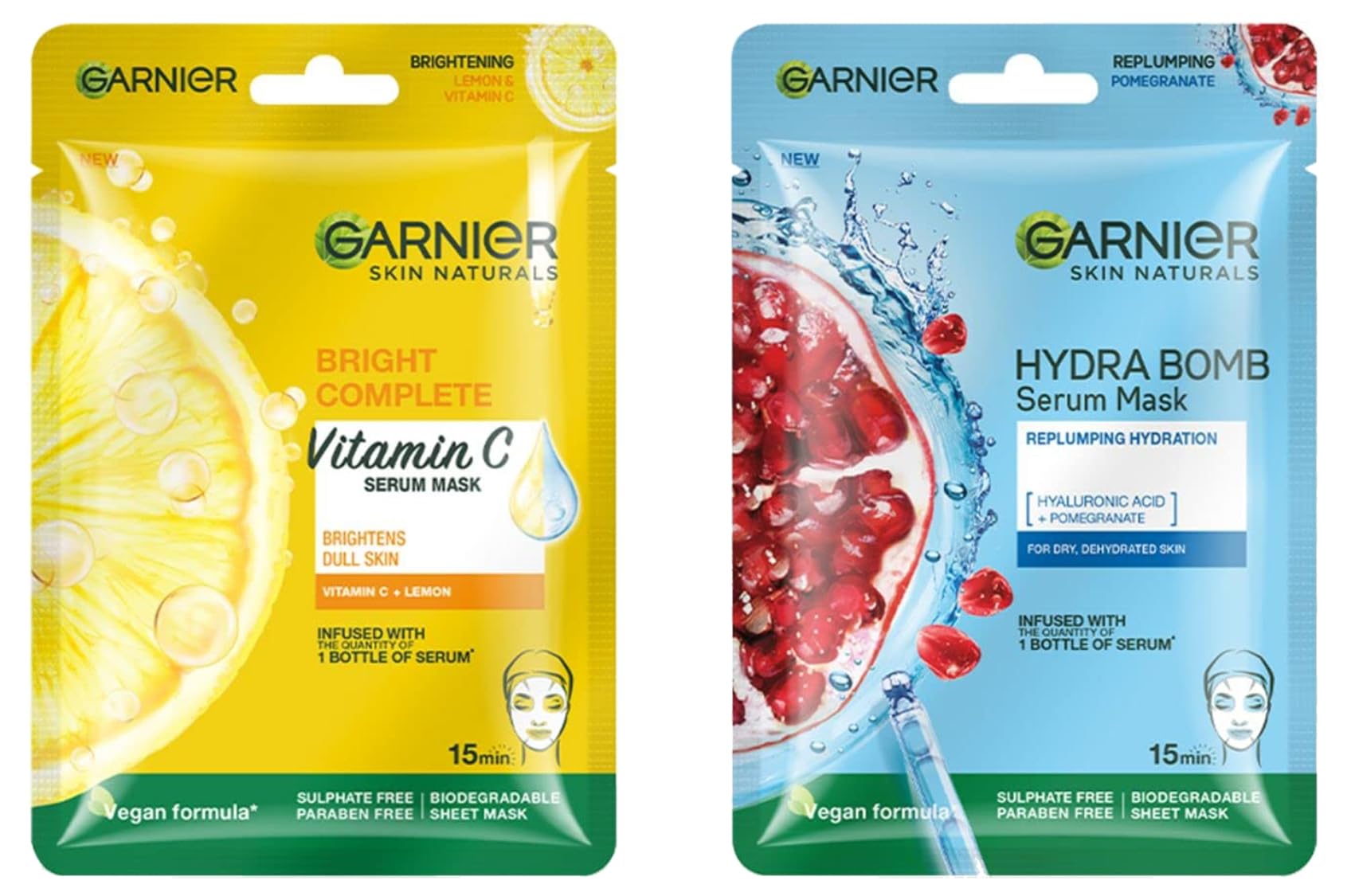 Garnier Skin Naturals Hydra Bomb & Light Complete Face Serum Sheet Mask Set - Blue & Yellow (32g + 30g) for Deep Hydration & Brightening - Perfect for Skincare Routine, Spa Day, or Travel Essentials