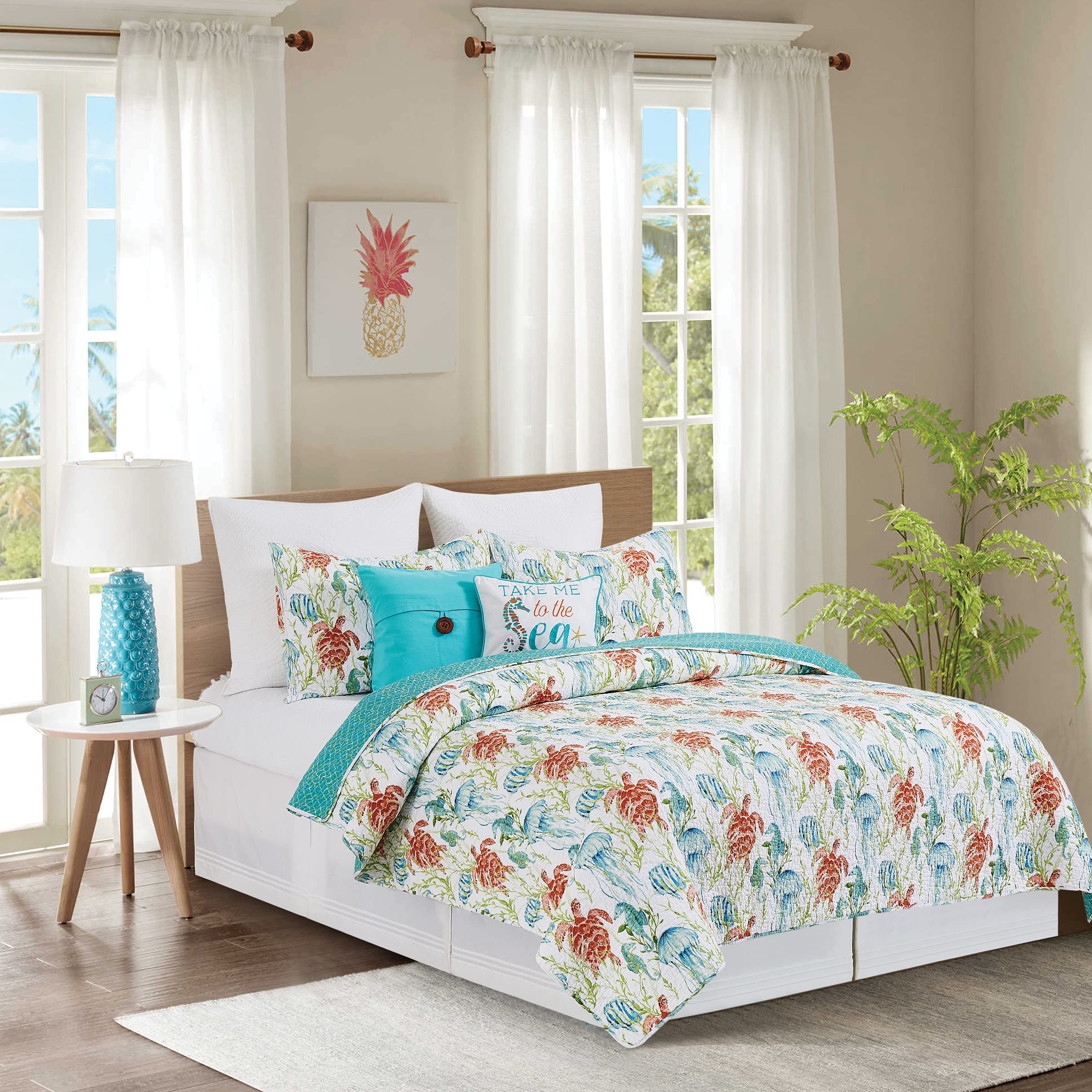 C&F Home Paradise Sound 3-Piece Full/Queen Quilt Set - Aqua Animal Icon Print, Coastal Ocean Beach Seaside Theme, 100% Cotton, Lightweight & Machine Washable, Reversible Bedspread Coverlet - Perfect for Beach House, Guest Room & Coastal Decor