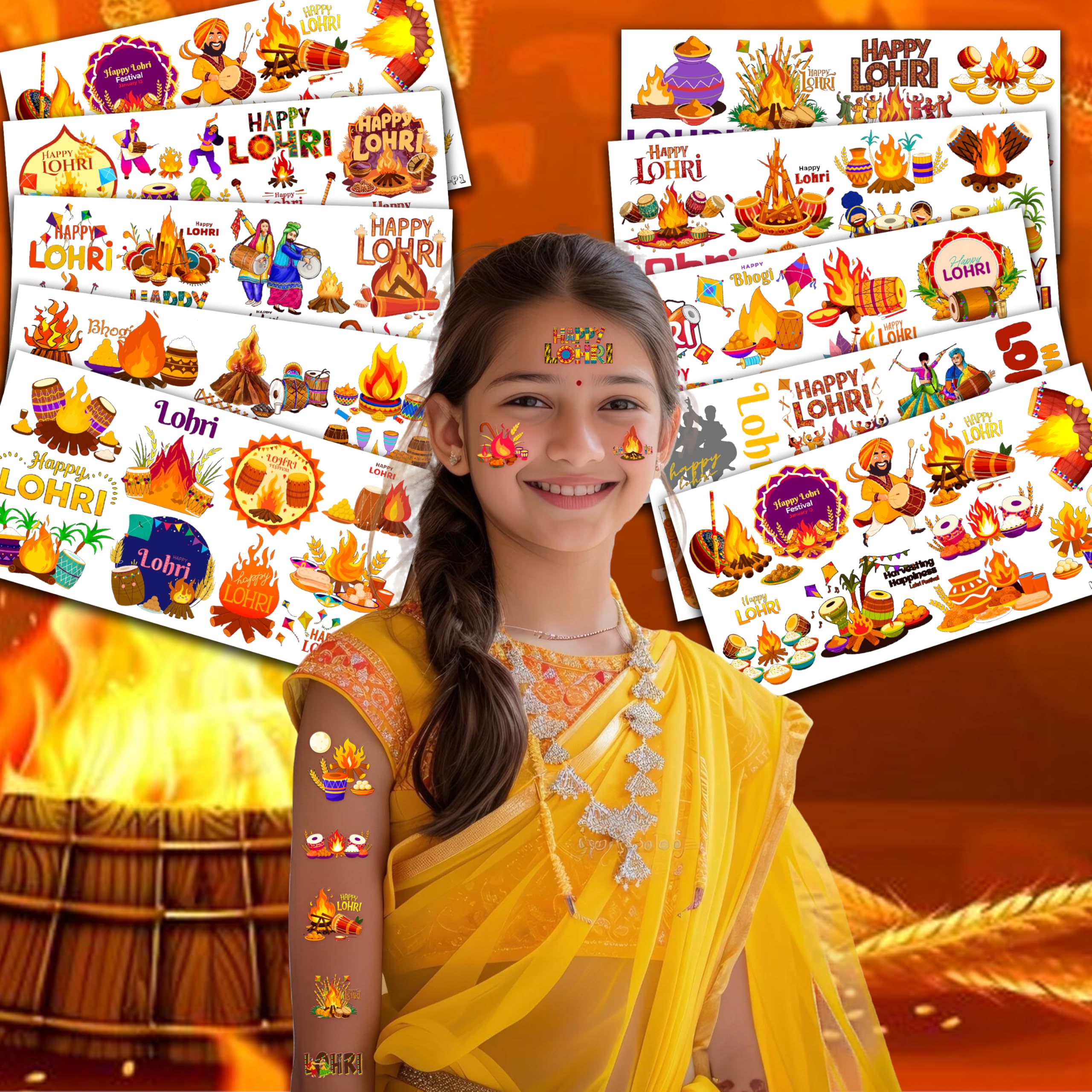 100 PCS Lohri Festival Decorations - Indian Bonfire Party Supplies, Birthday Favors, Temporary Tattoos & Stickers for Girls & Boys - Perfect for Classroom Rewards, School Prizes & Happy Lohri Celebrations (Use for Indian Cultural Events, Birthday Parties & Festive Gatherings)