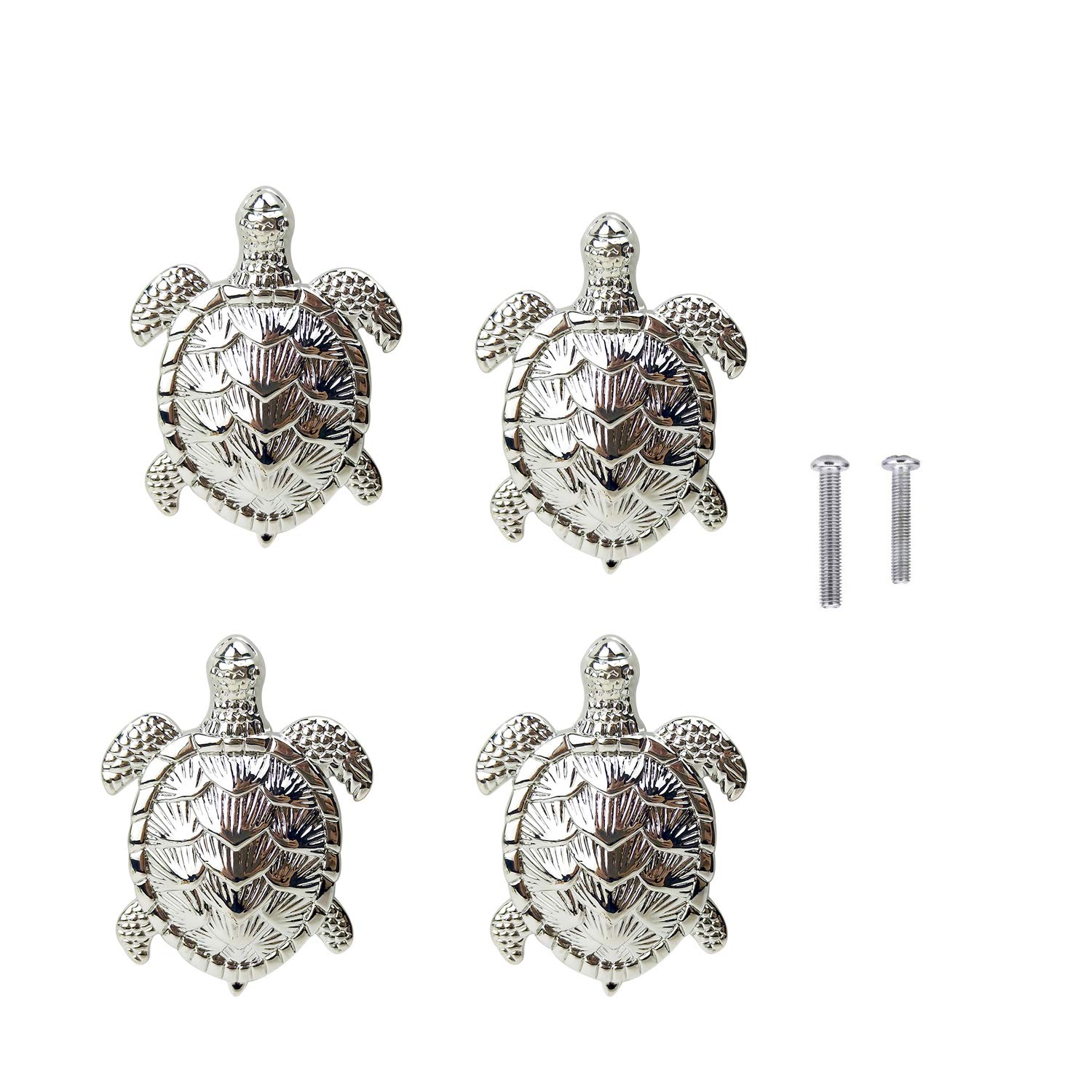 ZTie Set of 4 Sea Turtle Metal Cabinet Knobs - Silver Dresser Drawer Pulls for Bathroom, Kitchen & Furniture - Coastal Nautical Beach Theme Home Decor